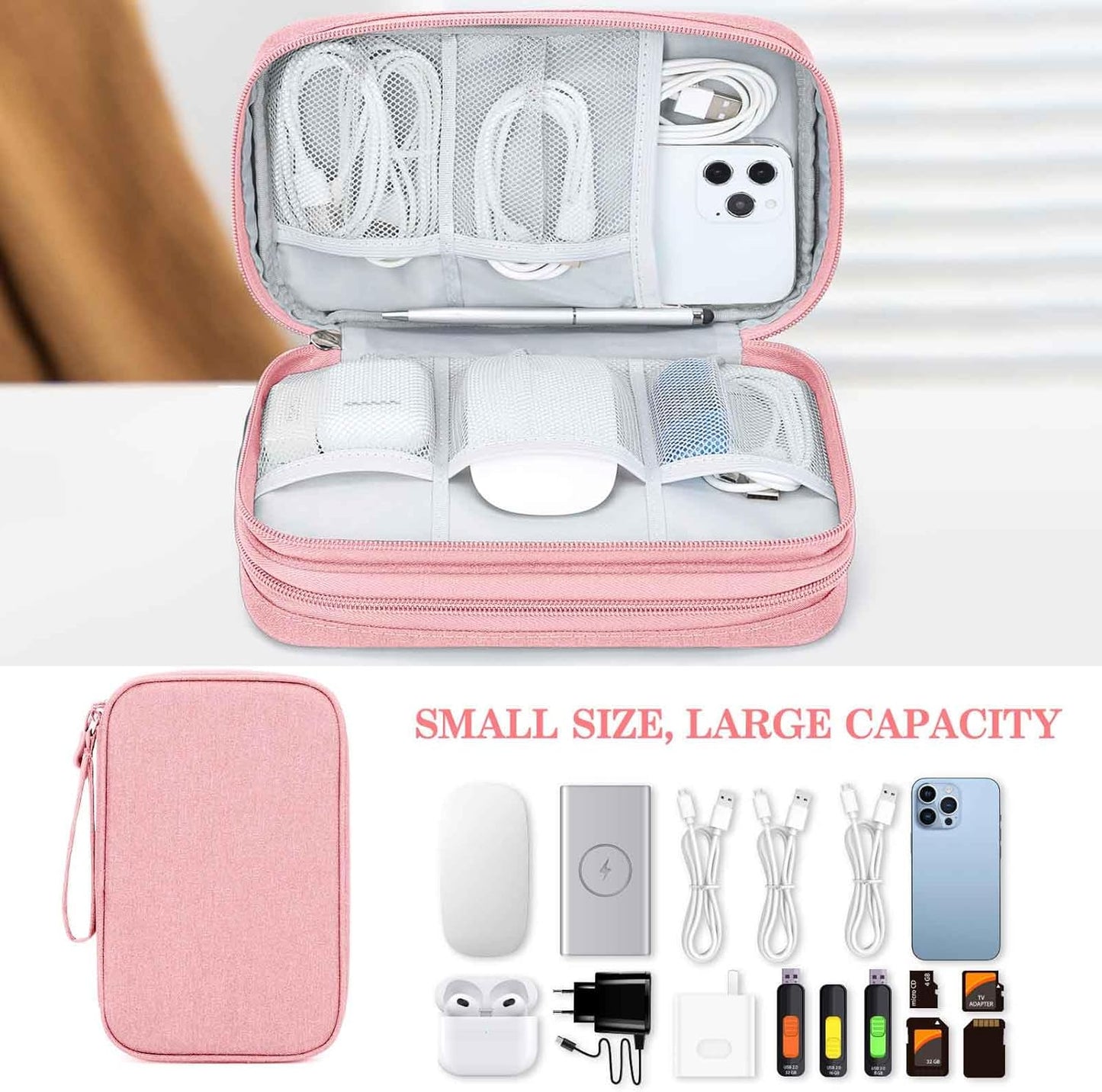 FYY Electronic Organizer, Large Travel Cable Organizer Bag Pouch Electronic Accessories Carry Case Portable Waterproof Double Layers All-in-One Storage Bag for Cable, Cord, Charger, Phone, Pink