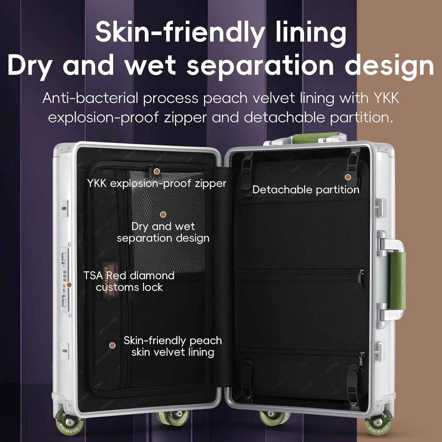 Roaming Carry on Luggage, 20 Inch Durable Aluminum Zipperless Luggage Airline Approved, Hardside Suitcase with TSA Lock USB Port and Spinner Wheels, Smart Organizational Pockets Maximize Packing Space