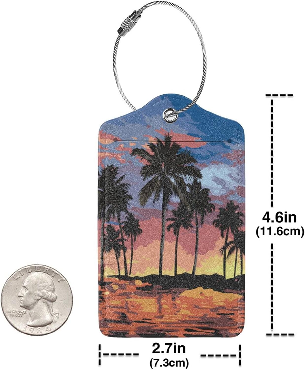 2Pcs Summer Palm Tree Luggage Tags, Beach Landscape Name ID Identifier Labels for Suitcase Baggage Travel Bag, Aesthetic Leather Bag Tags with Loop