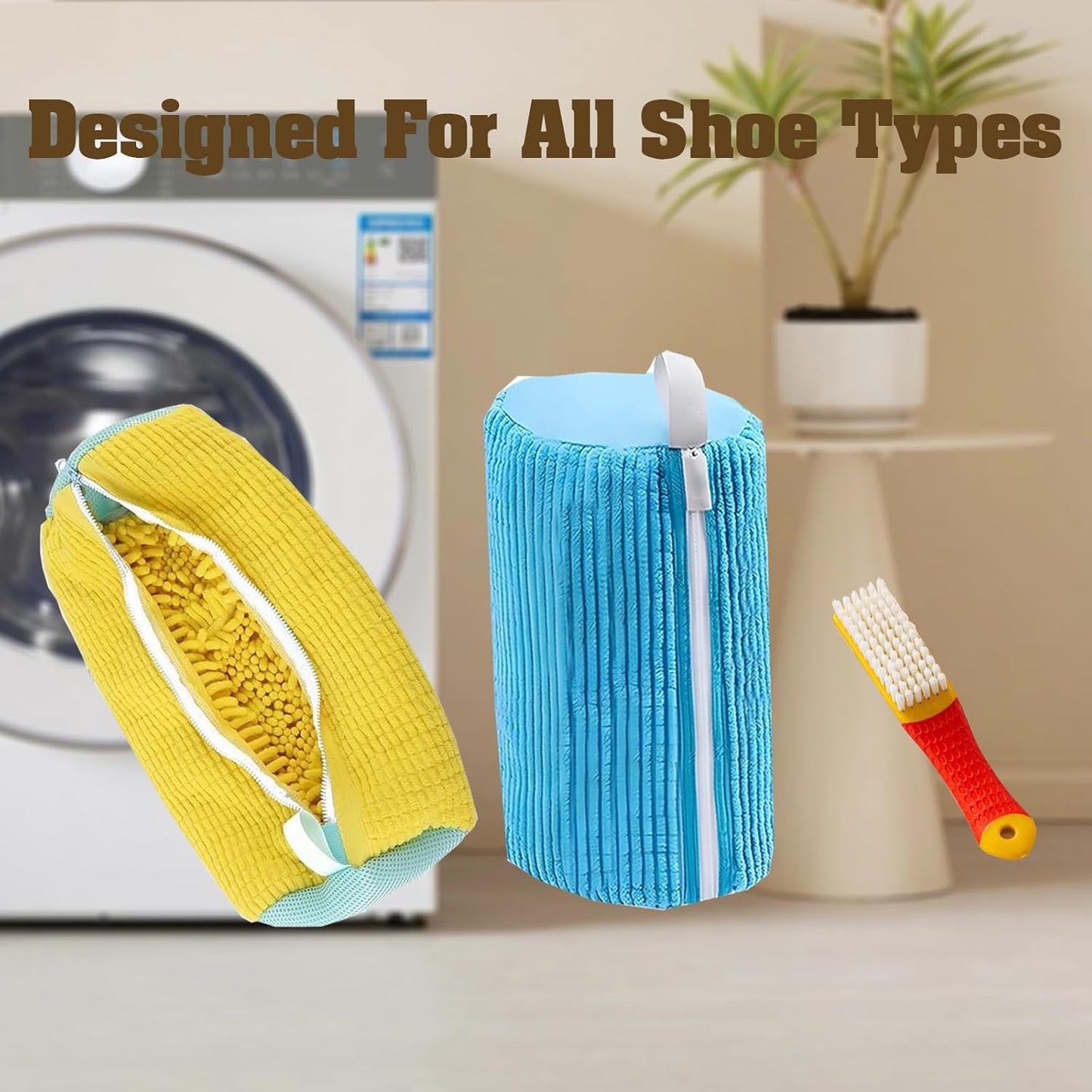 Shoe Washing Machine Bag 2PCS，Laundry Shoe Bag For Washer And Dryer，Reusable Shoe Cleaning Bag for All Shoe Types And Sizes，360°Wrap-around Shoe Washing Bag with One Shoe Brush(Yellow & Blue)