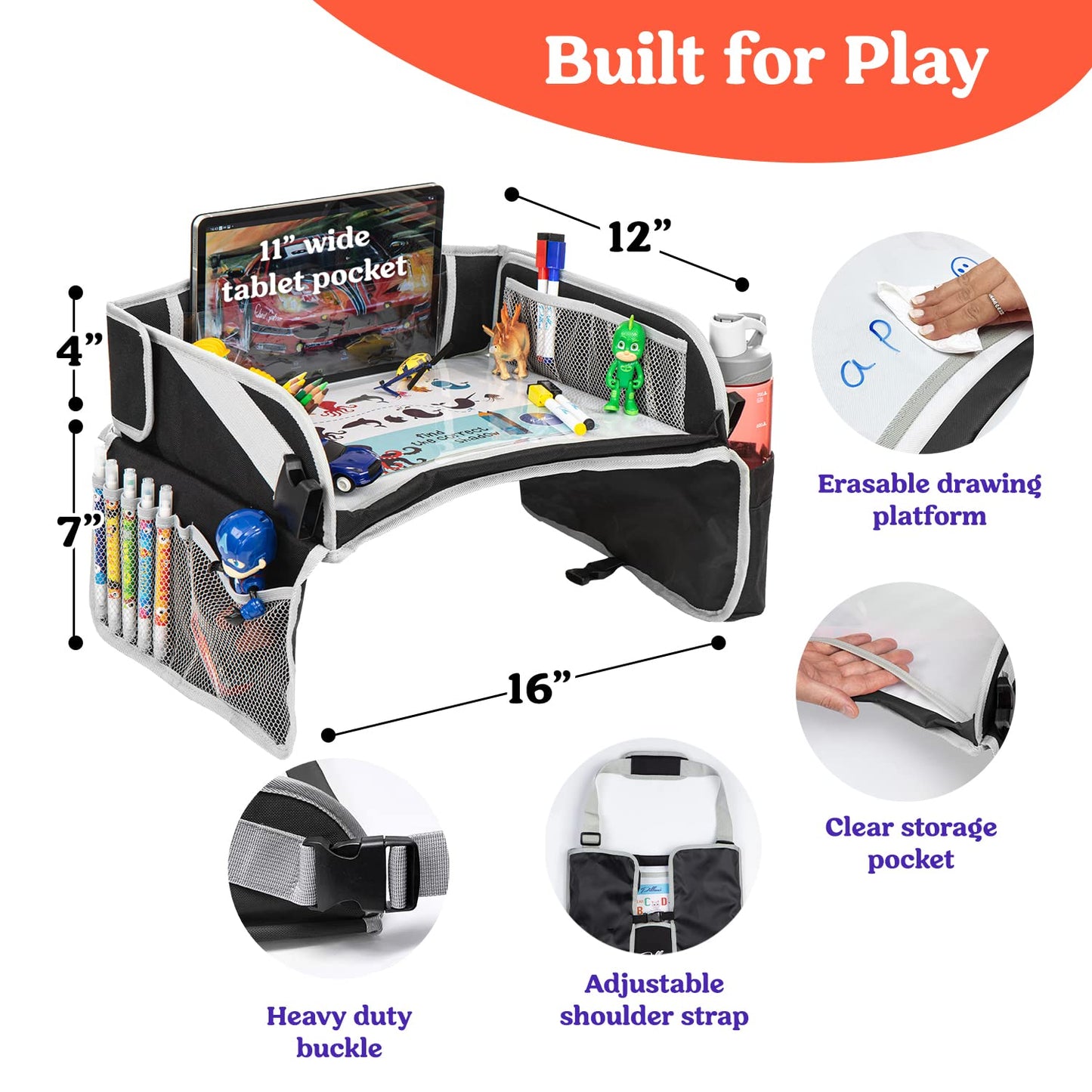 PILLANI Kids Travel Tray for Car - Car Seat Tray for Kids Travel, Car Trays for Kids Roadtrip Essentials, Carseat Table Tray for Kids Road Trip Activities - Toddler Lap Desk Organizer for Airplane