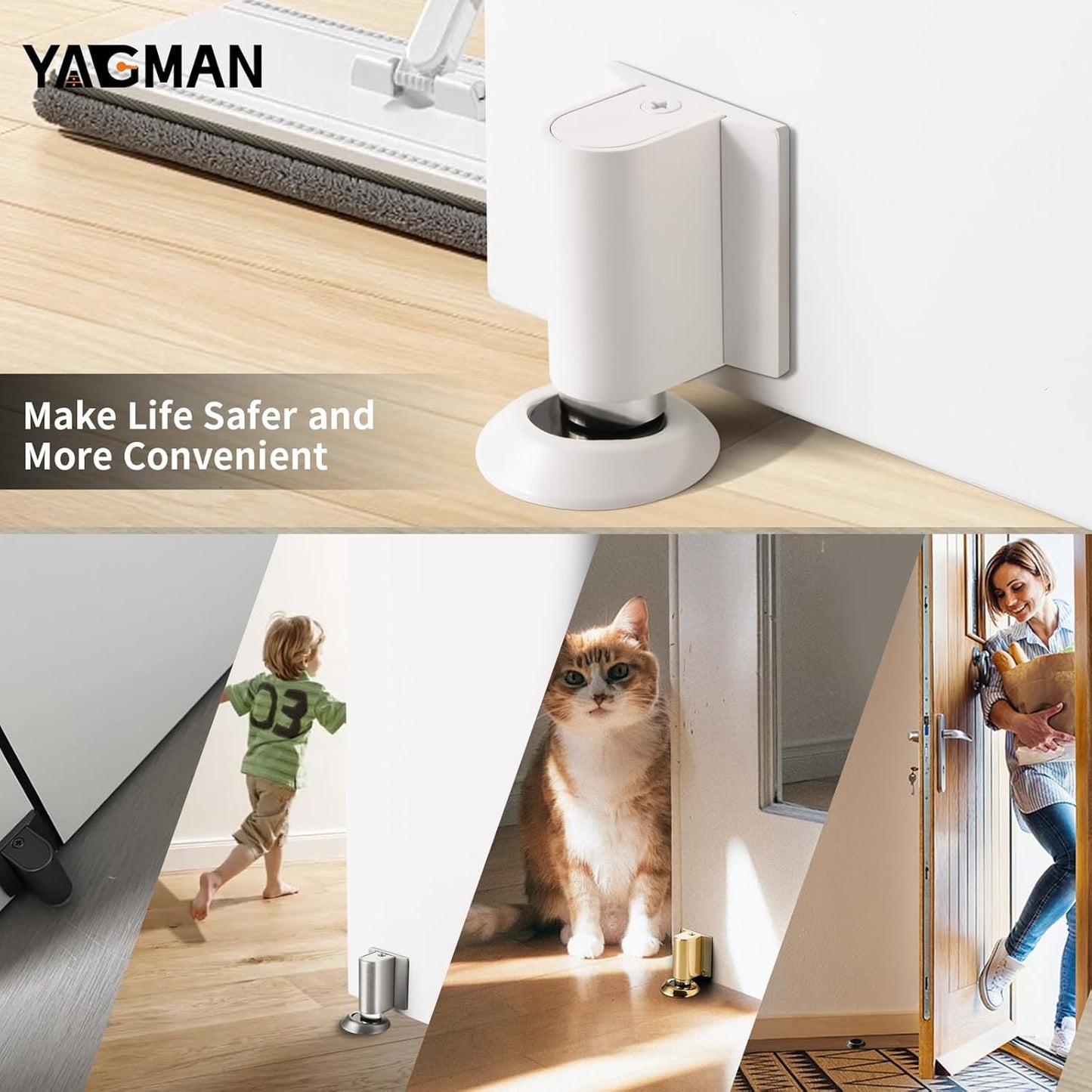 1 Pack Magnetic Door Stoppers Retractable Bottom of Door Holder No Drilling Mount Floor Door Stop with Screws and Adhesive Catch Door Keep Door Open White WT-1