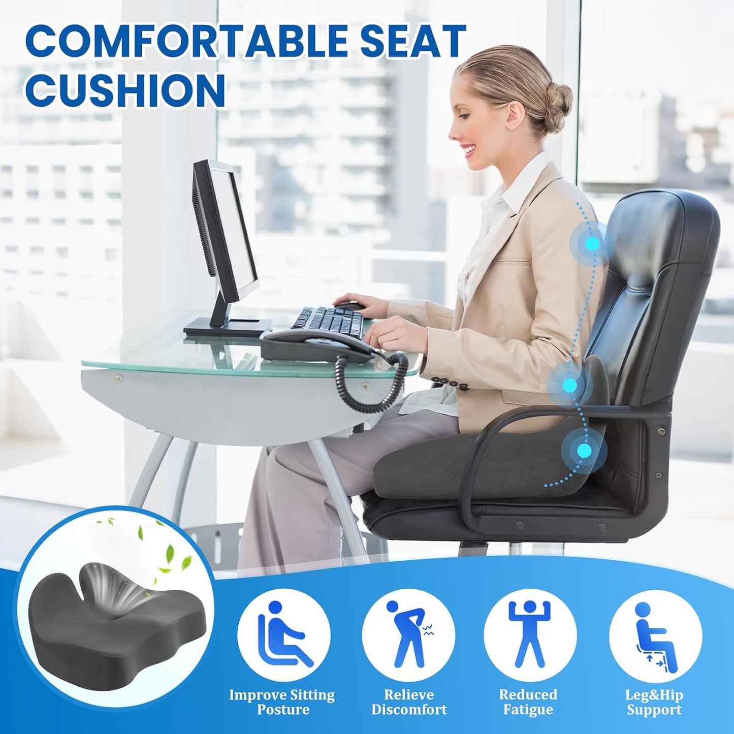 Seat Cushion, Memory Foam Office Chair Seat Cushion for Office Chairs/Car/Long Trip/Desk Chair/Gaming, Extra Large Size for Sciatica & Hip & Tailbone Pain Relief, Sciatica Support (Grey)