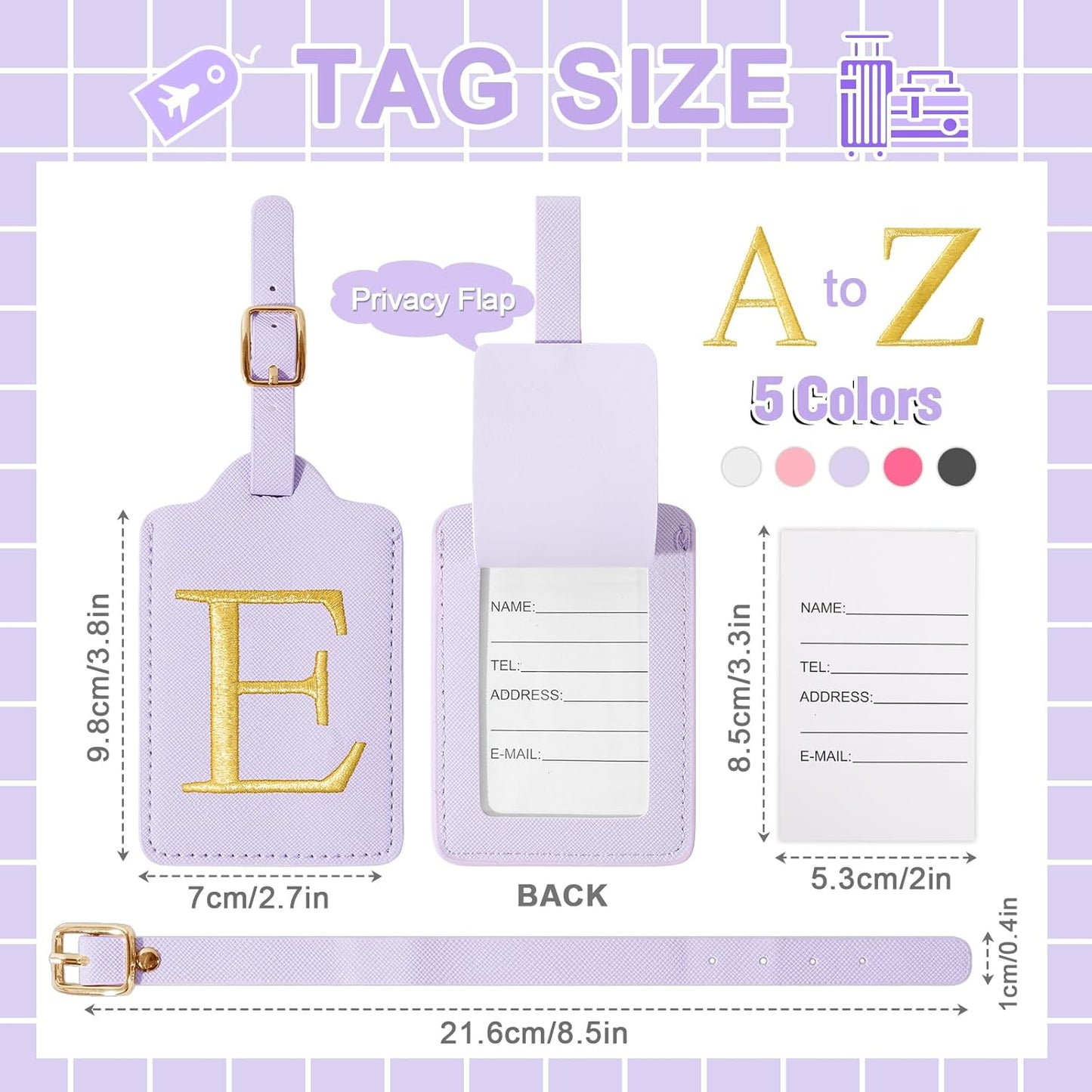 Personalized Initial Luggage Tags for Suitcase, Purple Leather Cute Luggage Tags with Privacy Cover Name Card, Embroidered Custom Monogrammed Luggage Tag Travel Backpack Tags Gifts for Women Kids(E)