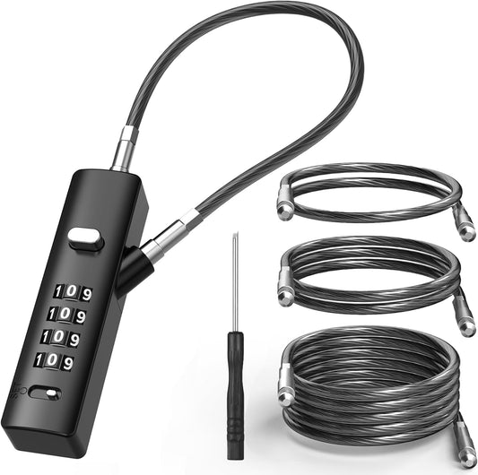 4-Digit Combination Cable Luggage Lock with 3 Interchangeable Steel Cables (9"/24"/47") – for Bike, Backpack, Gym, Cabinet, Gate (Black, 1 Pack)