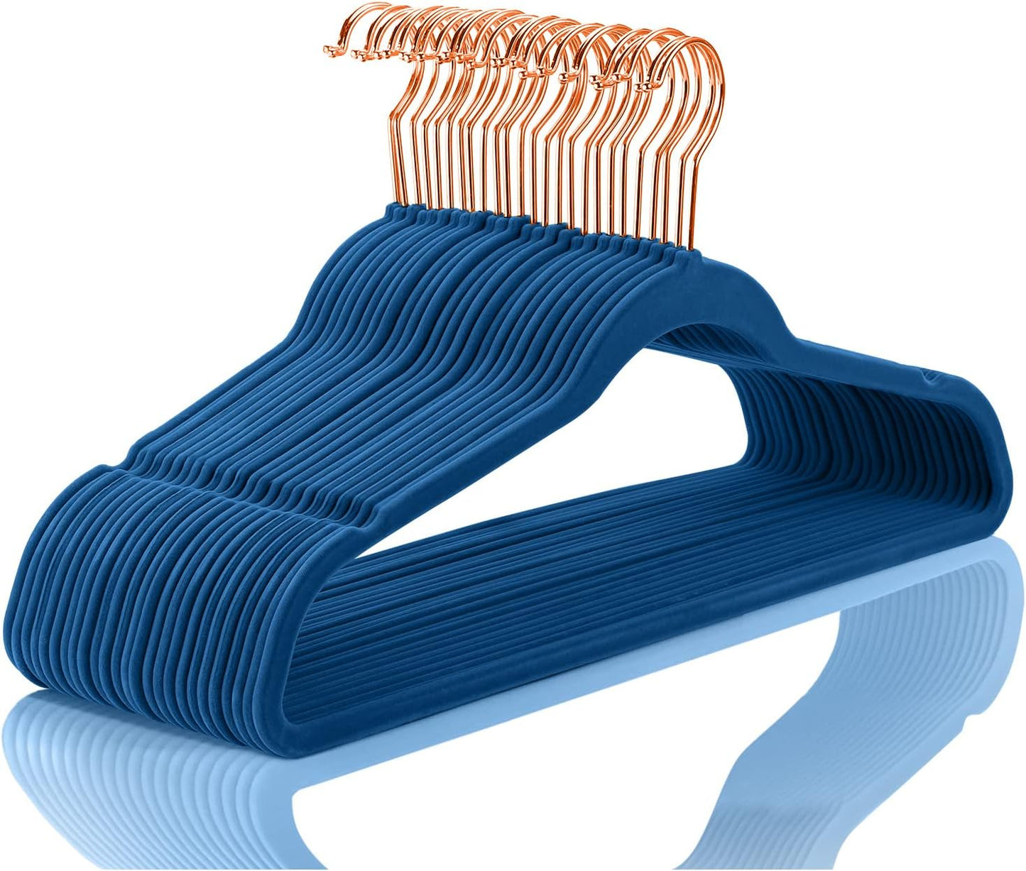 MIZGI Premium Velvet Hangers (50 Pack) Heavy Duty - Non Slip Felt Hangers - Velvet Suit Hanger Mediterranean Blue - Rose Gold Hooks,Space Saving Clothes Hanger