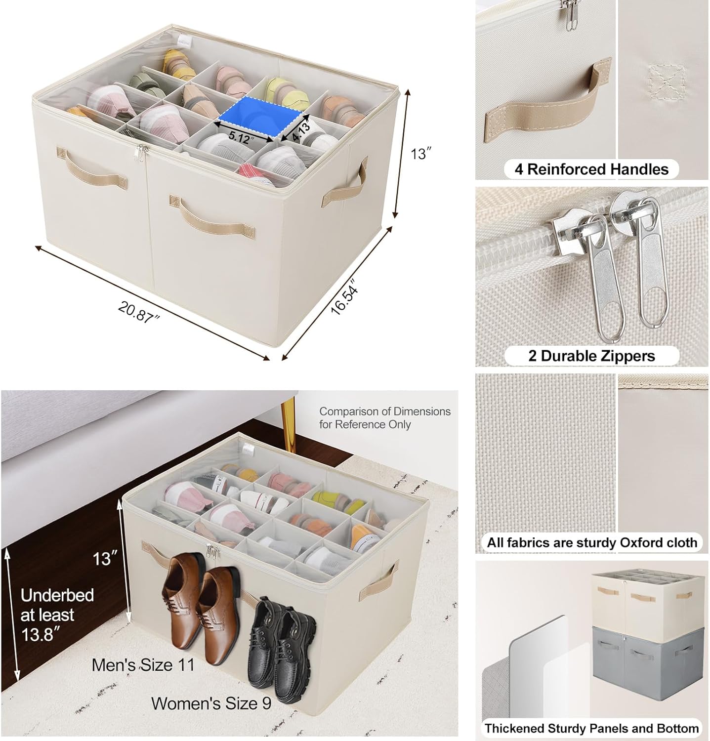 Shoe Organizer for Closet, Foldable Shoe Box with Adjustable Dividers and Clear Cover, Space Saving Shoe Storage Organizer Cabinet with Reinforced Handles, Fits 16 Pairs, Beige TP09Y