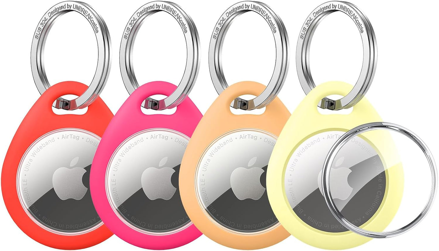 UNBREAKcable 4 Pack Holder for Apple AirTag [Fit Tightly Design] [Hold Air Tag Securely] [Easy to Install] Protective Case Waterproof TPU Shell with 304 Stainless Steel Key Ring Keychain, 4 Color