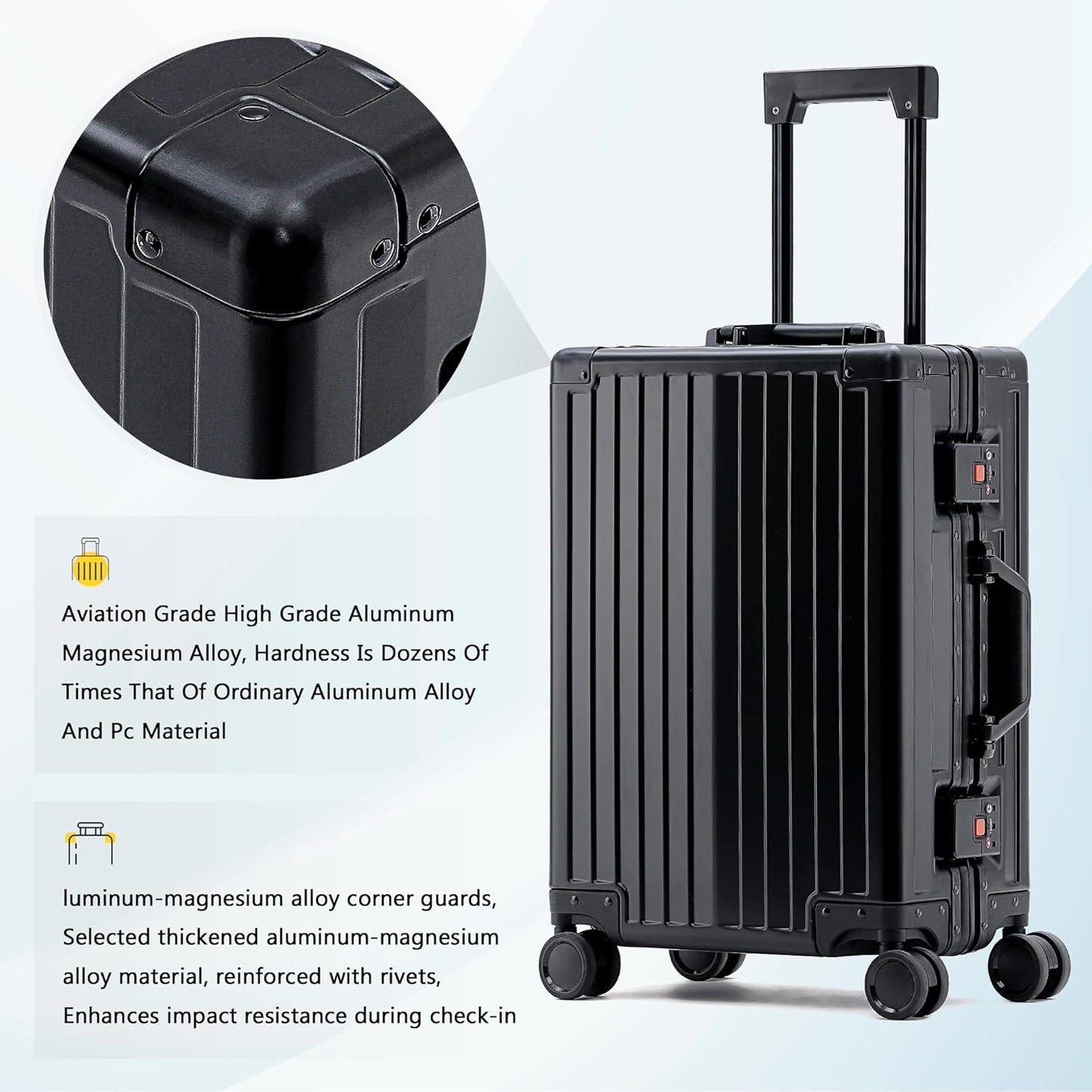 YYW Aluminum Carry-On Luggage Airline Approved Lightweight Suitcase with TSA Lock and Silent Wheels, Hardshell Spinner Business Travel (Black, 20in)
