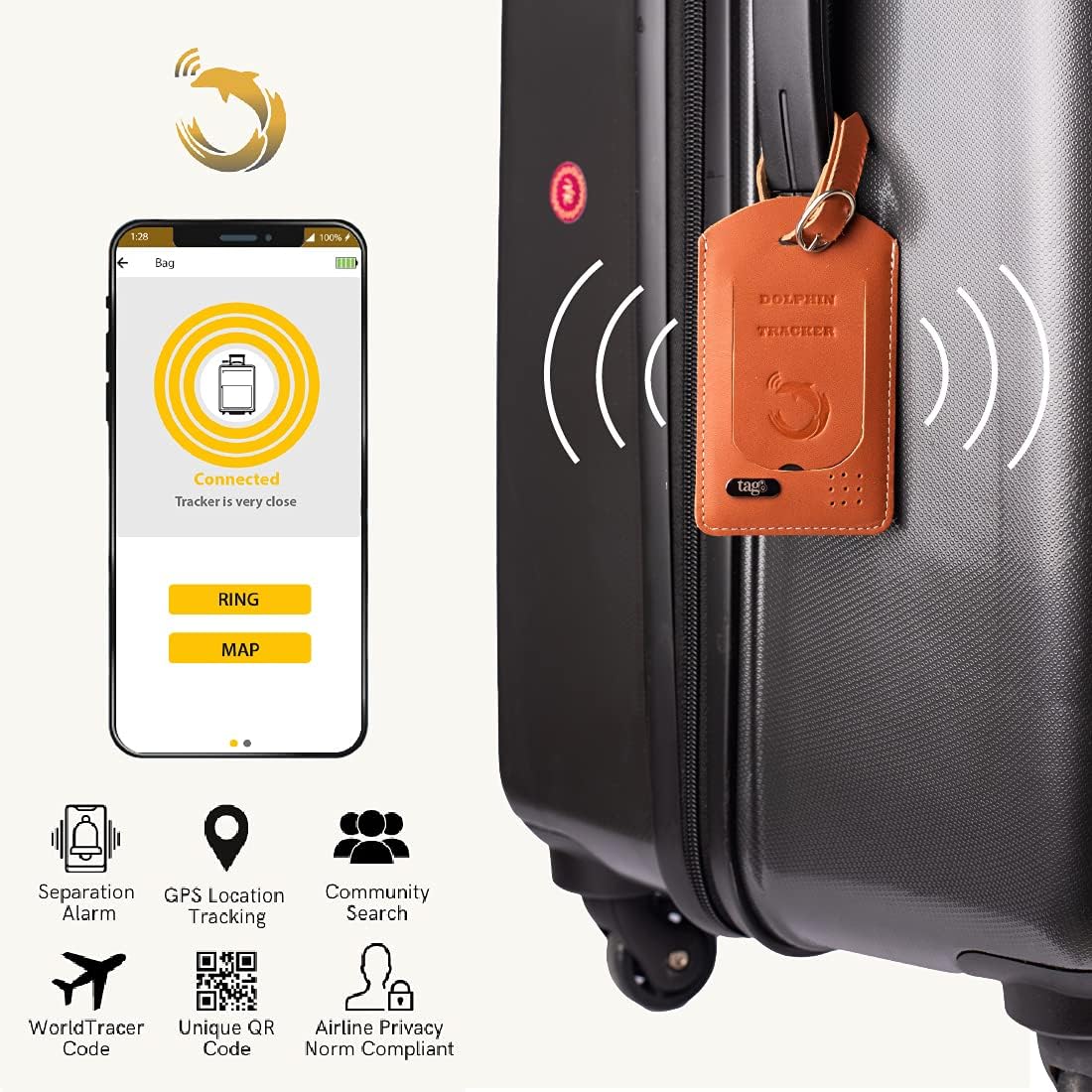 tag8 - Dolphin Smart Luggage Tracker for Suitcase, Backpack and More, Android and iOS Compatible, Genuine Leather BLE-Enabled Tracker Tag, Alternative to GPS Tracker, 2 Pieces, Tan