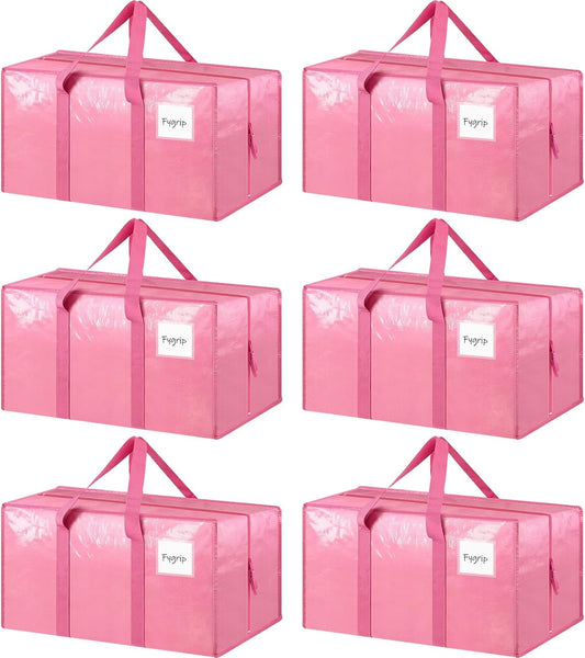 6 Pack Extra Heavy Duty Large Moving Bags with Strong Zipper & Comfortable Handles, Sturdy & Durable Clothes Storage Bags Totes Bins, Packing Moving Boxes for College Supplies, Pink