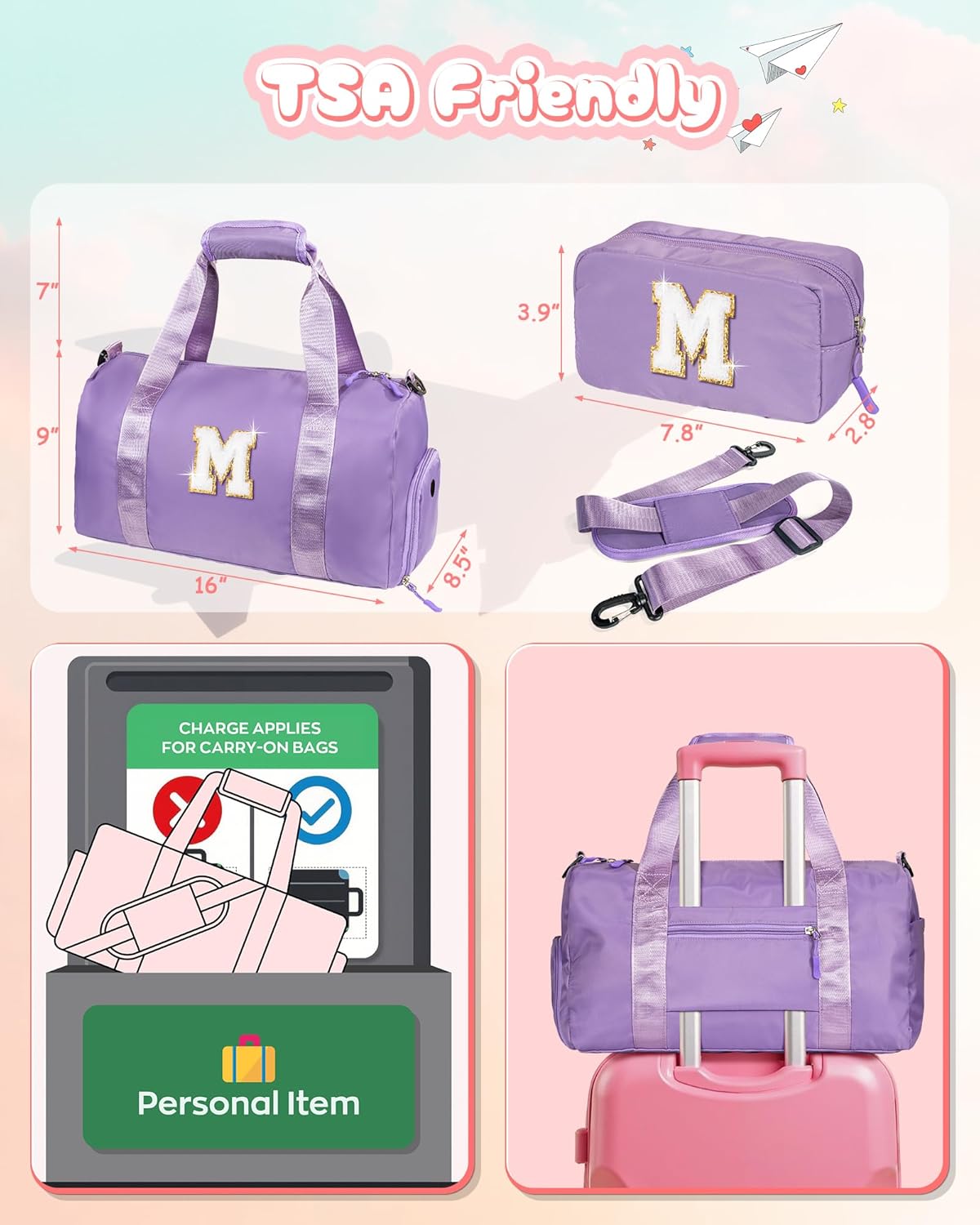 Daughter Birthday Gifts-Girl Gym Bag with Shoe Compartment, Kid Personalized Weekender Overnight Bags, Initial Travel Tote with Makeup Pouch, Graduation Gift for Girls (Letter Y)