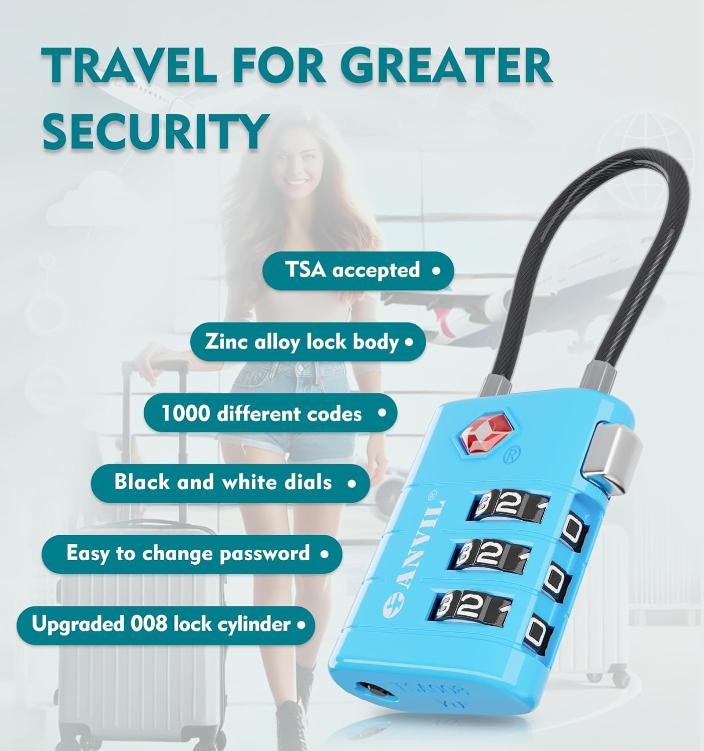 ANVIL TSA Approved Luggage Locks – High Security TSA008 Combination Travel Locks with Inspection Indicator for Suitcases and Backpacks. (4, Bule)