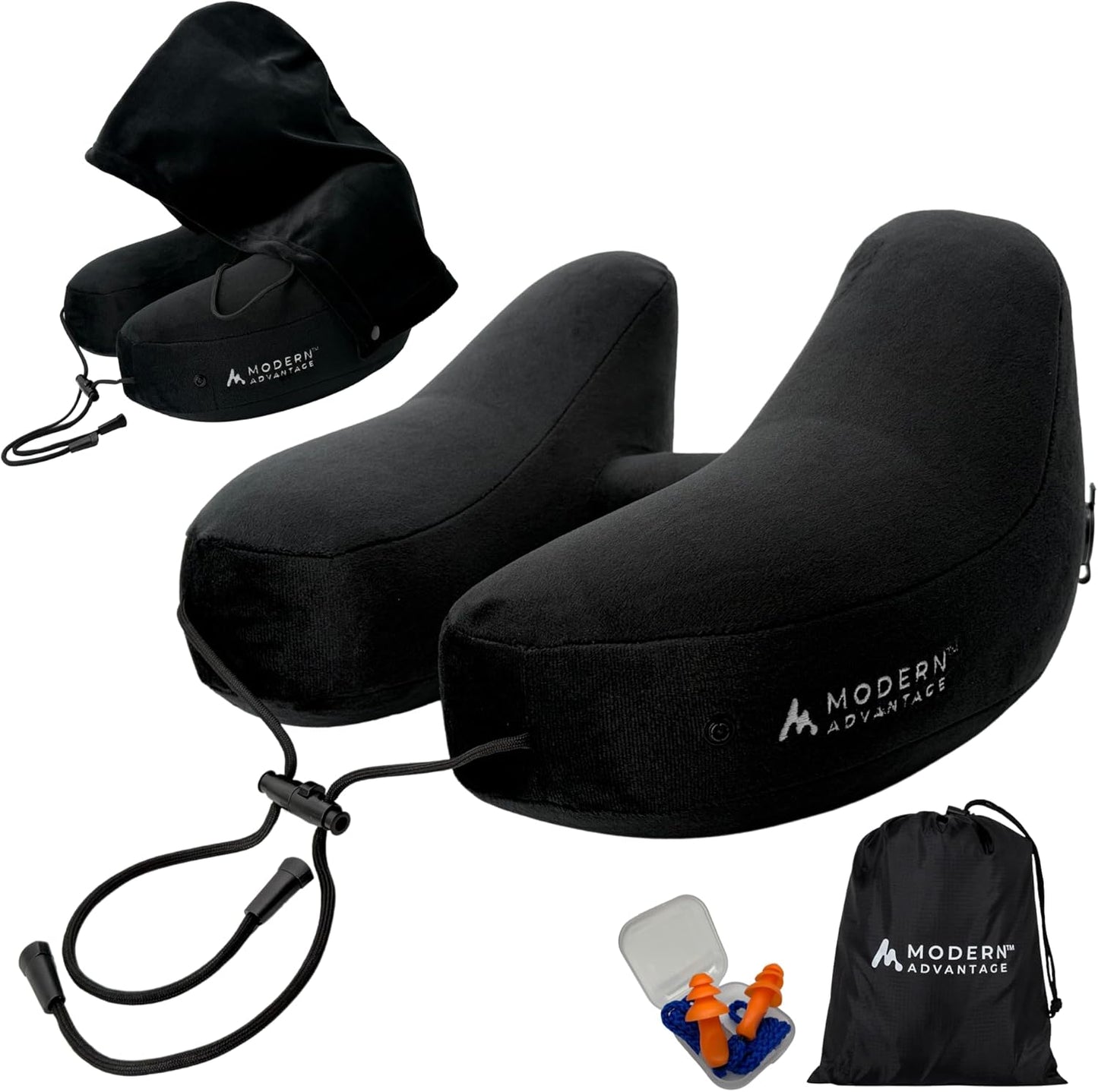 Modern Advantage Inflatable Travel Pillow for Airplanes – Hooded Neck Pillow with Adjustable Support – Comfortable, Compact & Travel-Friendly – Perfect for Sleeping on Long Flights (Black)