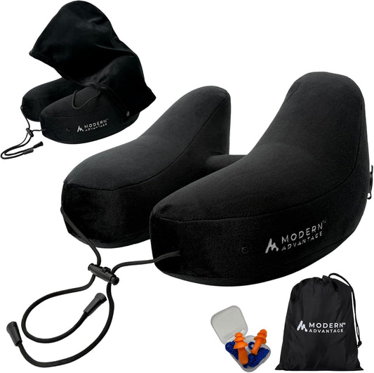 Modern Advantage Inflatable Travel Pillow for Airplanes – Hooded Neck Pillow with Adjustable Support – Comfortable, Compact & Travel-Friendly – Perfect for Sleeping on Long Flights (Black)