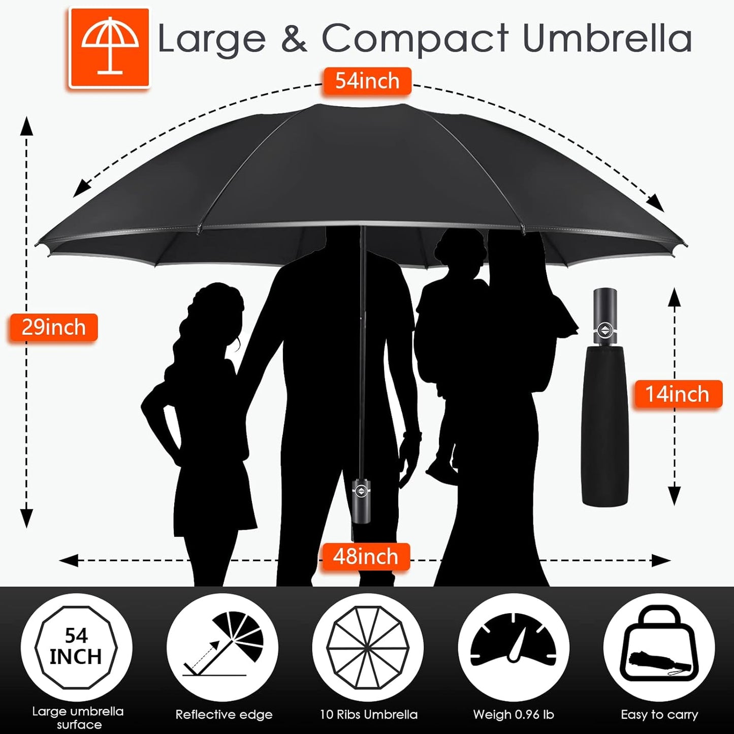 Bodyguard Inverted Umbrella - Large Windproof for Rain & Sun, Compact Reverse With Reflective Stripe, Teflon-Coated for Women Men, Travel Folding With Cover Bag