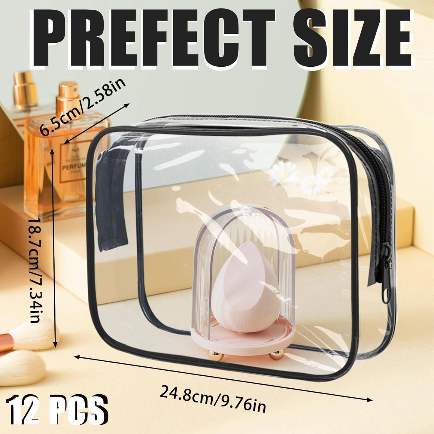 12 Pcs Clear Cosmetic Bag PVC Waterproof Zippered Clear Toiletry Carry Pouch Cosmetic Makeup Bag for Women Men Vinyl Plastic Organizer Case for Vacation Bathroom (Large, Black)