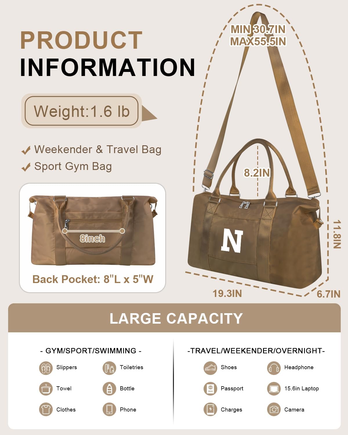 Birthday Graduation Gifts for Daughter,Initial Travel Duffel Bag Sports Gym Bag for Girls Teen Kids Birthday Gifts,Personalized Weekender Bag Carry On Tote Bags Cute Overnight Bag for Women(Brown, N)