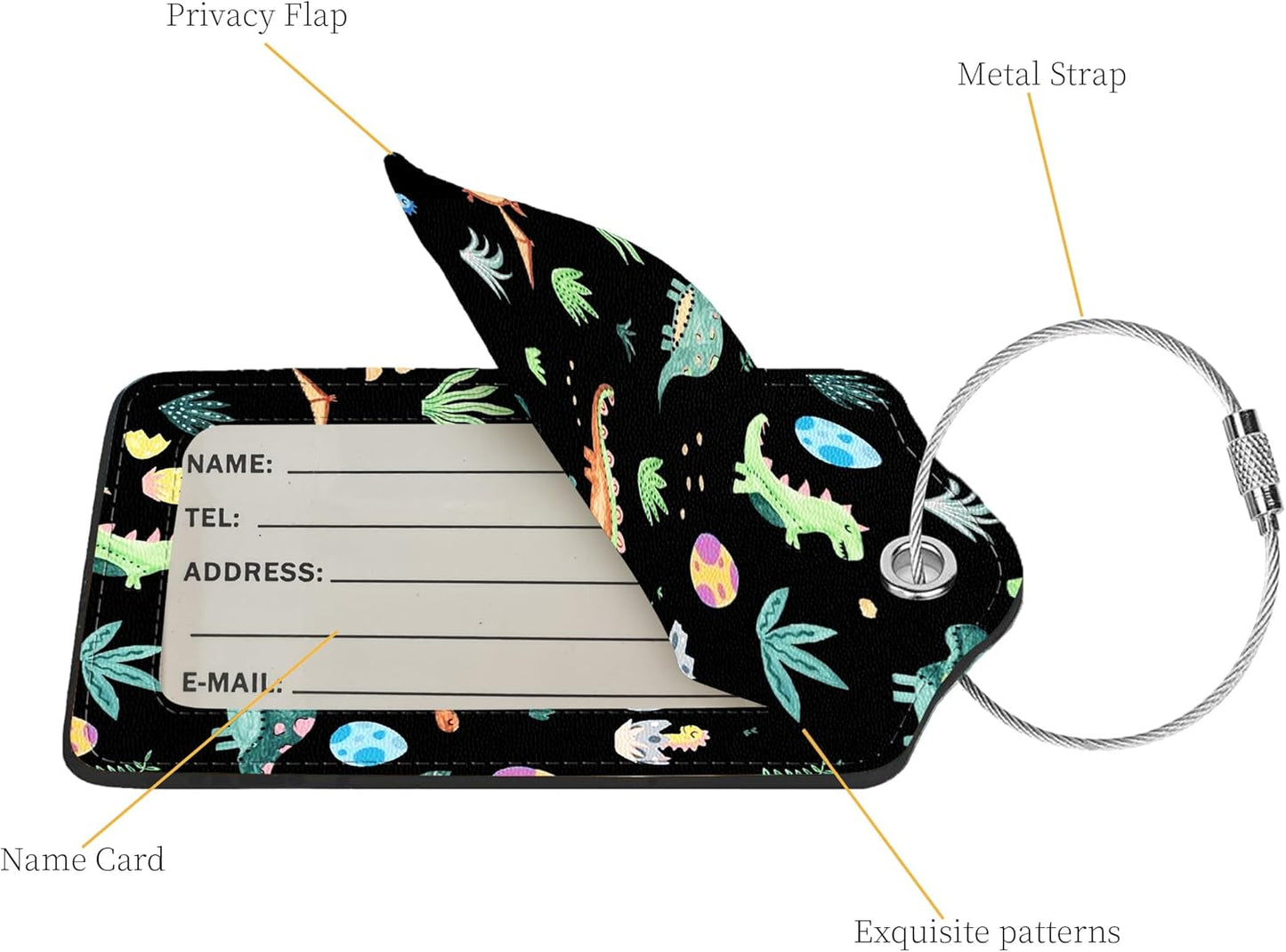 2 Pcs Luggage Tags for Suitcases, PU Leather Cruise Ship Luggage Tags with Privacy Cover Label Address Card and Durable Metal Ring Suitable for Men Women Handbags Backpacks Schoolbag,Small Dinosaur