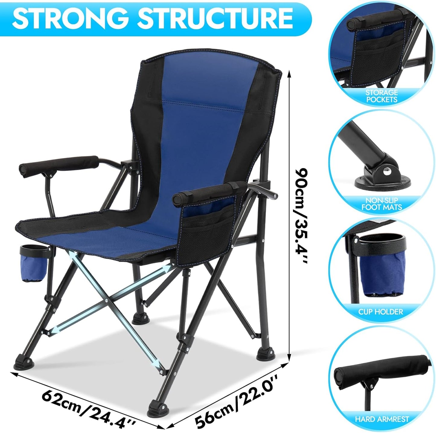 2 Pack Oversized Folding Camping Chair for Adults, Supports 450 LBS Camping Chairs, Heavy Duty Camping Chair with Side Pockets, Foldable Outdoor Chair for Camping, Beach, Fishing, Hiking, Blue-Black