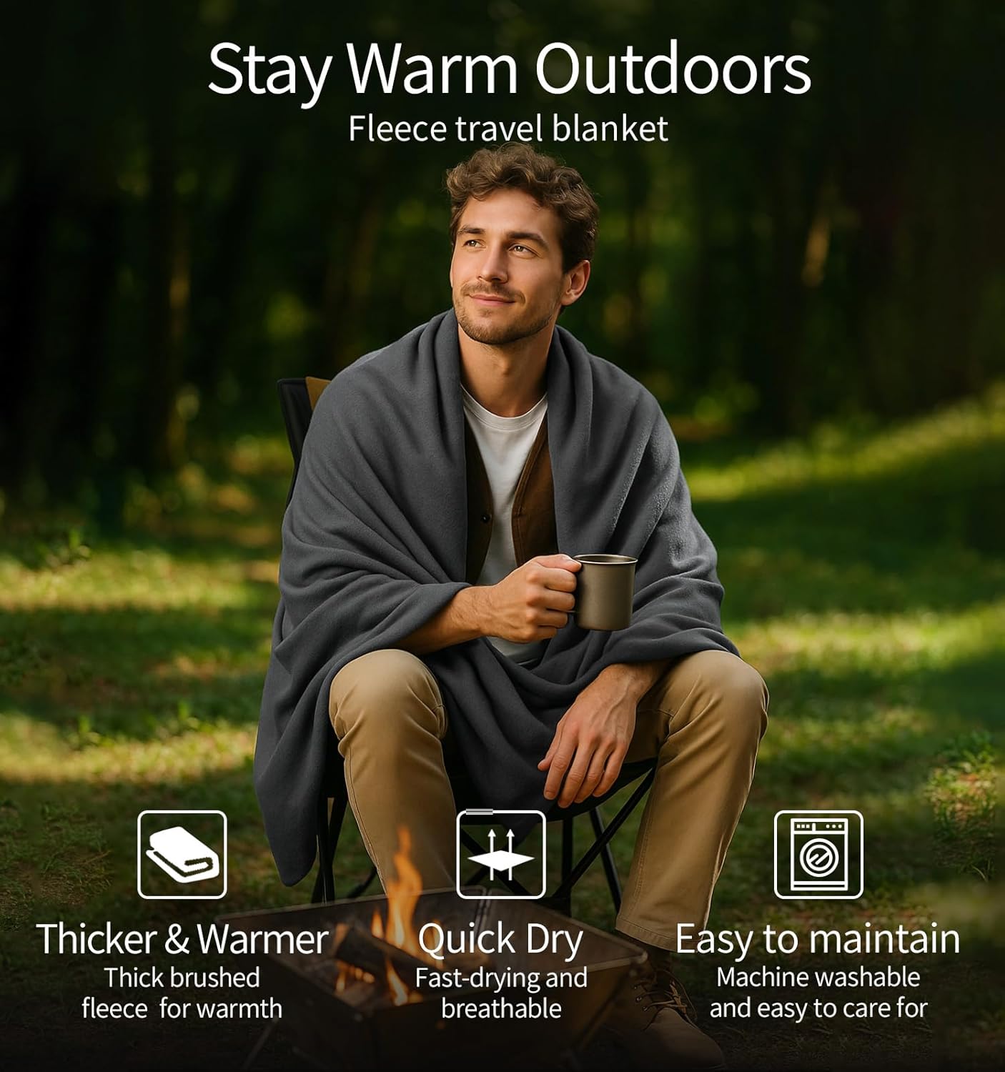 Travel Camping Blanket Lightweight and Breathable, 67 x 48 in Soft Airplane Flight Blanket for Travelers, Foldable Sheet with Stuff Sack for Train, Camp, backapcking, Office, Home (E651 Grey)