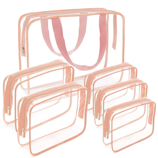 APREUTY Clear Makeup Bags, TSA Approved 6 Pcs Cosmetic Makeup Bags Set Clear PVC with Zipper Handle Portable Travel Luggage Pouch Airport Airline Vacation Organization (Pink)