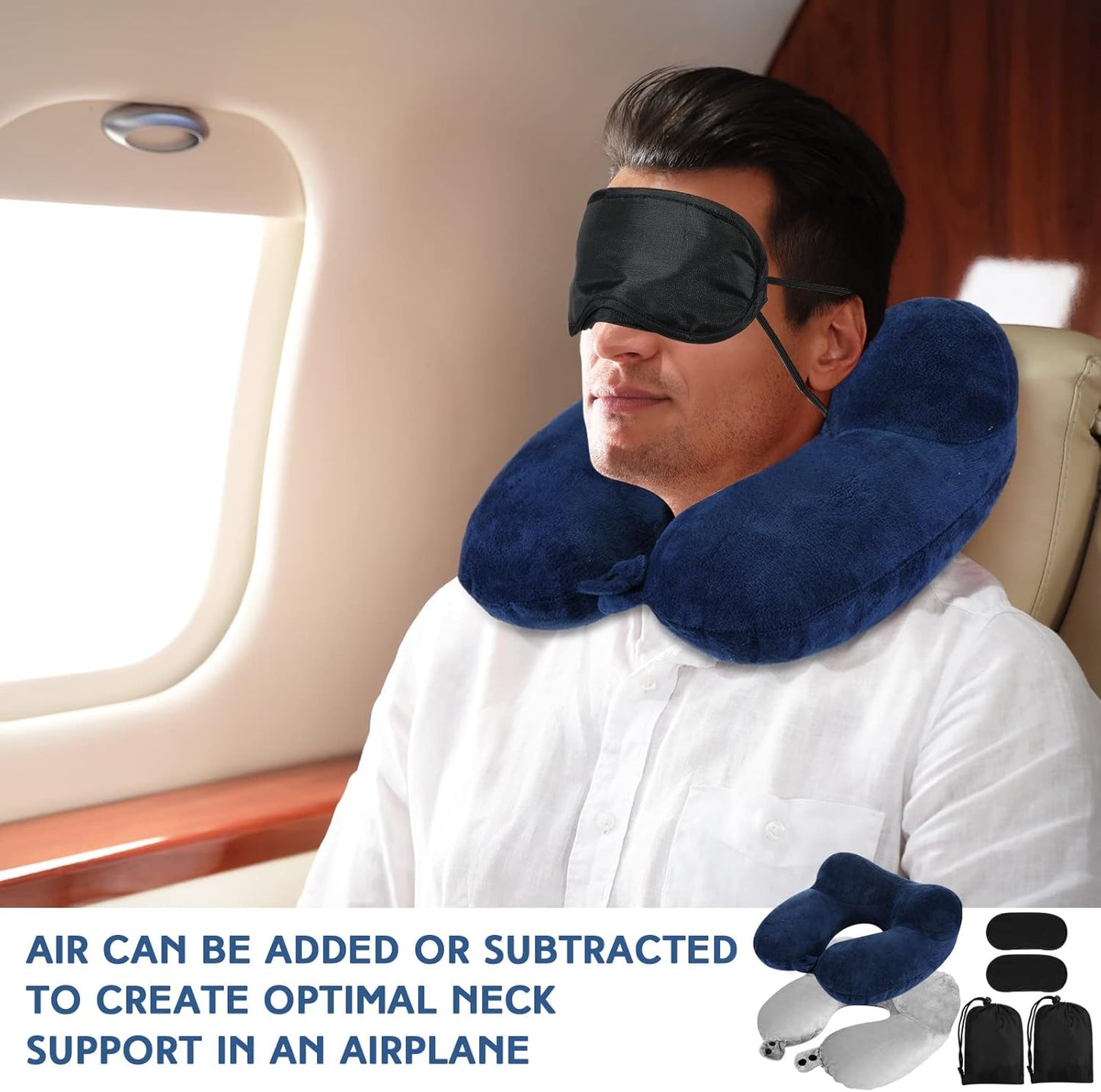 Sintuff 2 Pack Inflatable Travel Pillow for Airplanes Inflatable Neck Flight Pillows with Compact Bag and Blindfold for Traveling, Airplane, Train, Car, Office(Gray and Blue)