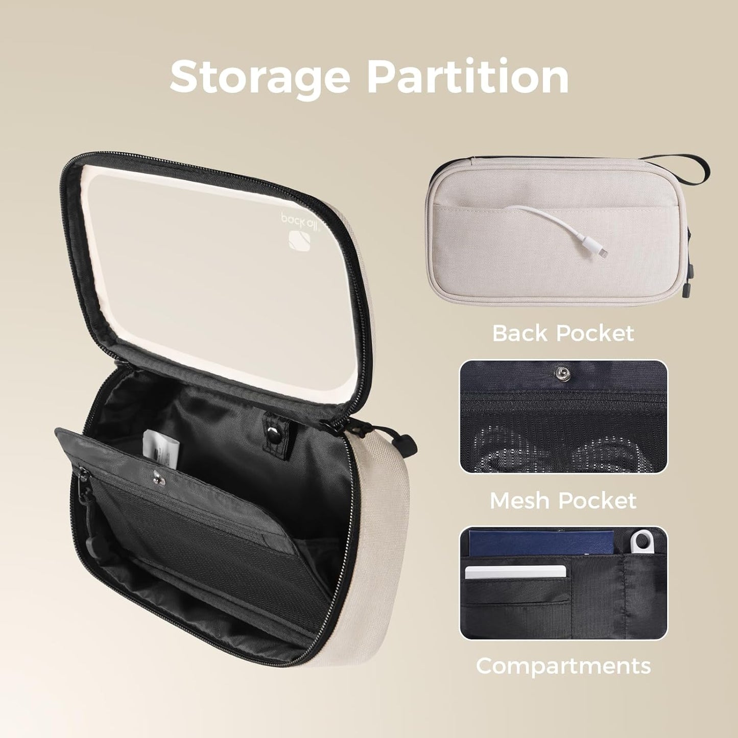 pack all Clear Electronic Organizer, TPU Cable Organizer Bag, Compact Cord Travel Organizer for Cables, Chargers, Phones, USB cords, SD Cards (Beige)