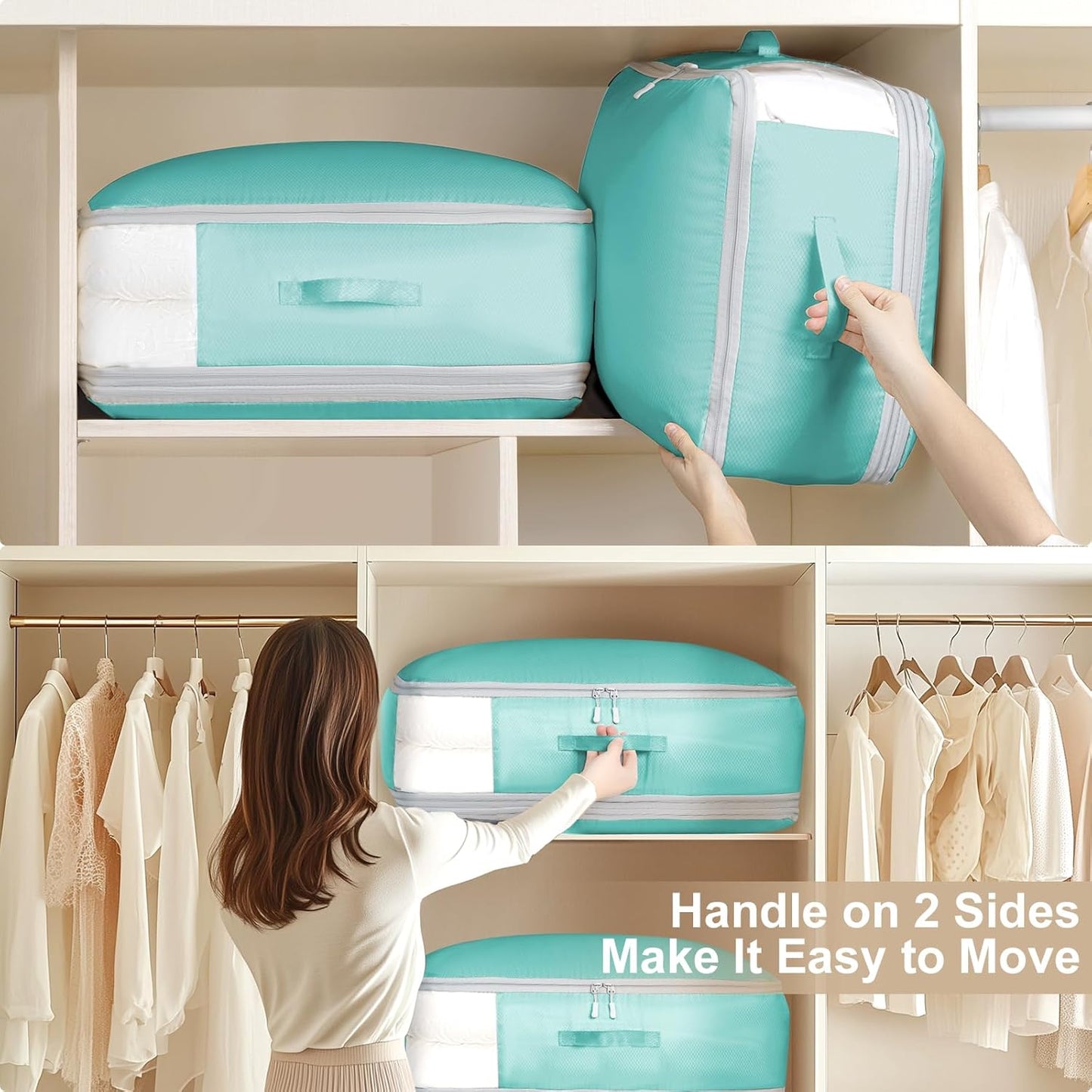 Comforter Storage Bag - Large Capacity Blanket Storage Bags 3-Layer Ultra Space Saving Self Compression Organizer, Washable Compression Bags for Storage Comforter Blanket, 2-Pack, Blue