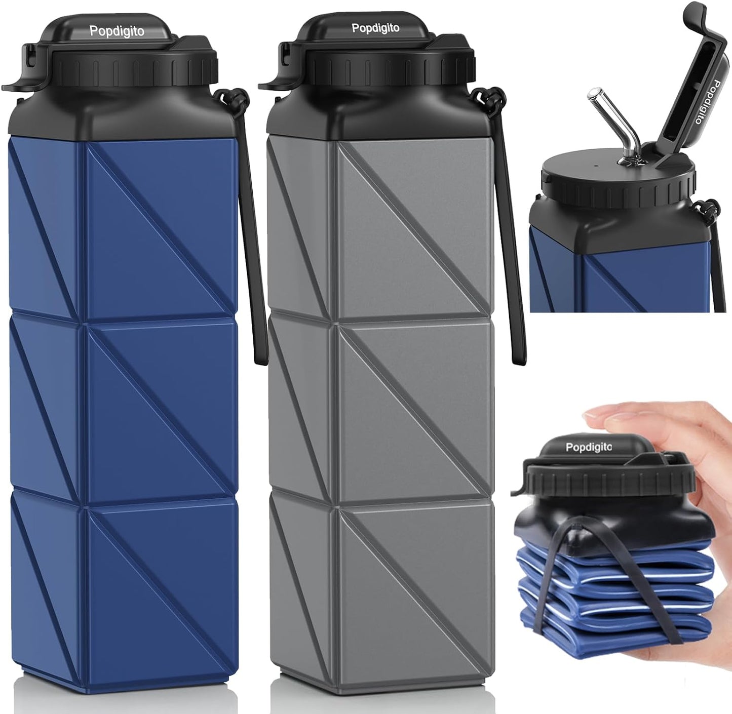 2pcs Collapsible Water Bottles 20.6oz Foldable Water Bottle BPA Free Reusable Lightweight LeakProof Travel Silicone Water Bottles for Travel Gym Hiking Camping Cycling Yoga Sports Outdoor