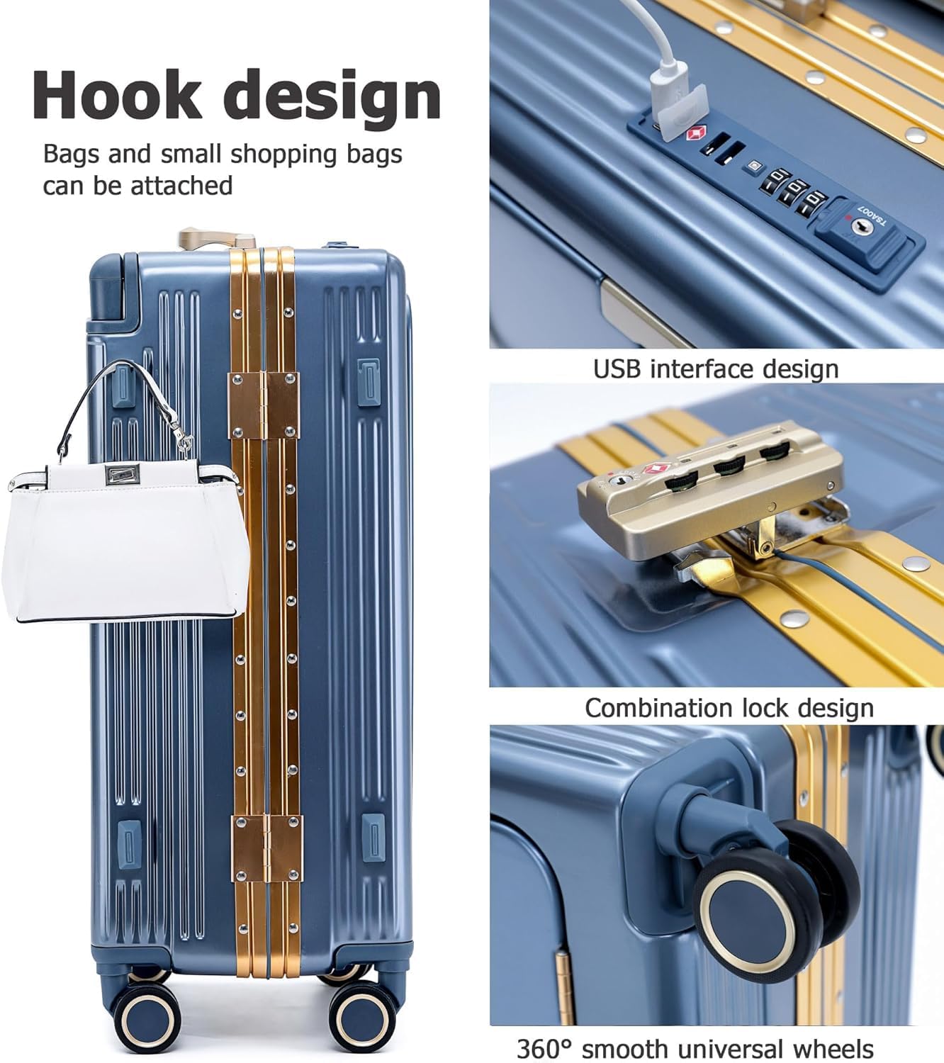 feilario 20" Aluminium Frame Hardside PC Carry on Luggage - Wide Handle Double Spinner Wheels Suitcase with TSA lock