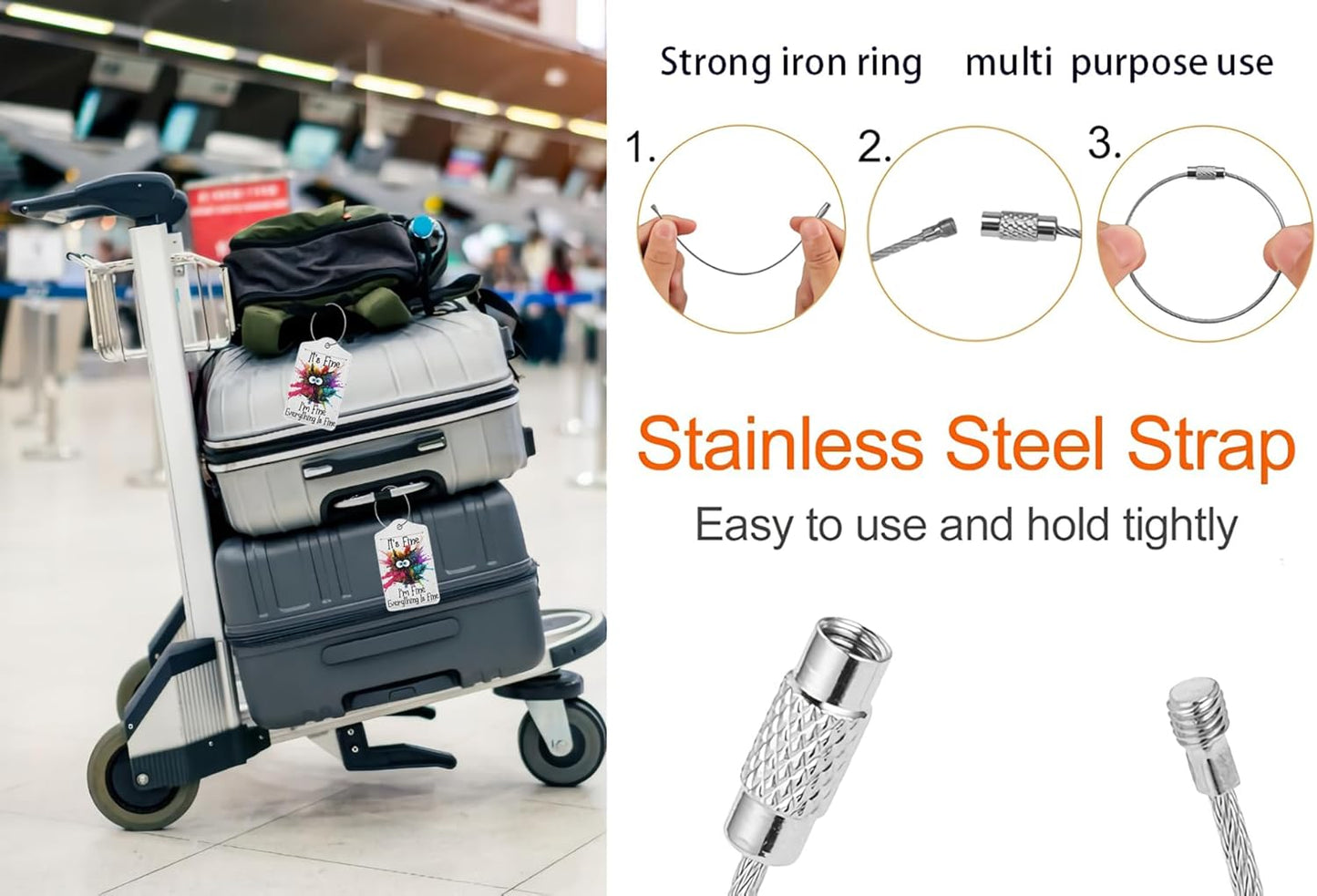 2 Pack Luggage Tags for suitcases Funny Cute I'm Fine It's Fine Luggage Tag, Leather Stainless Steel Loop Label Tag for Men Women Travel Bag Suitcase(White Fine)