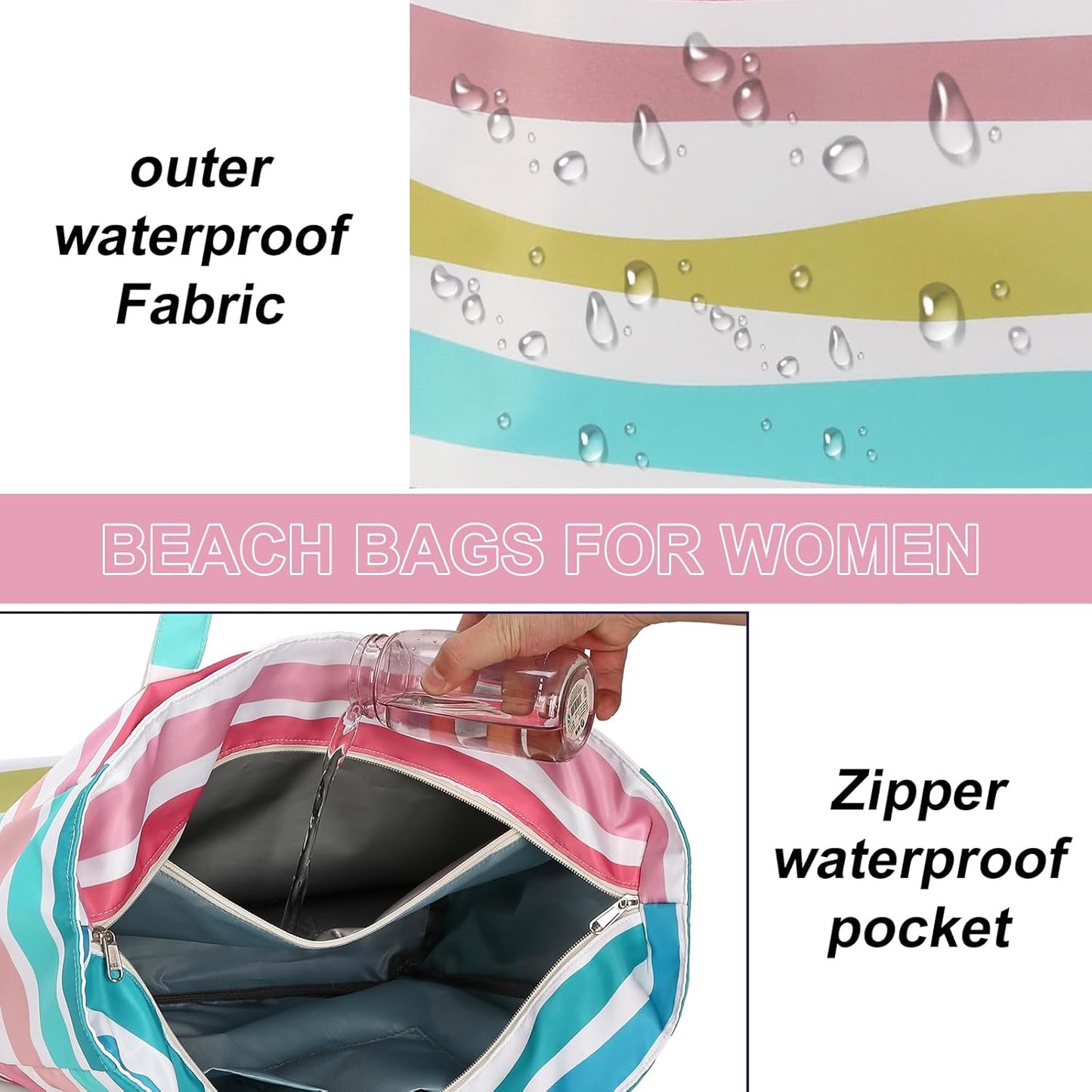 LEDAOU Beach Bag Waterproof Sandproof Women Tote Bag Pool Bag with Zipper for Gym Grocery Travel with Wet Pocket