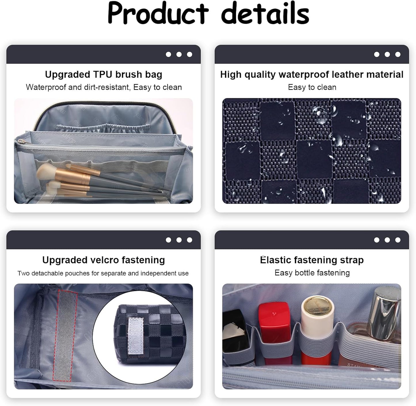 Travel Makeup Bag Organizer Cosmetic Bag: 3 Pcs Set Make up Bags for Women with Handle - Waterproof Vegan Leather Toiletry Bags with Comparments (C-12-Dark Blue)