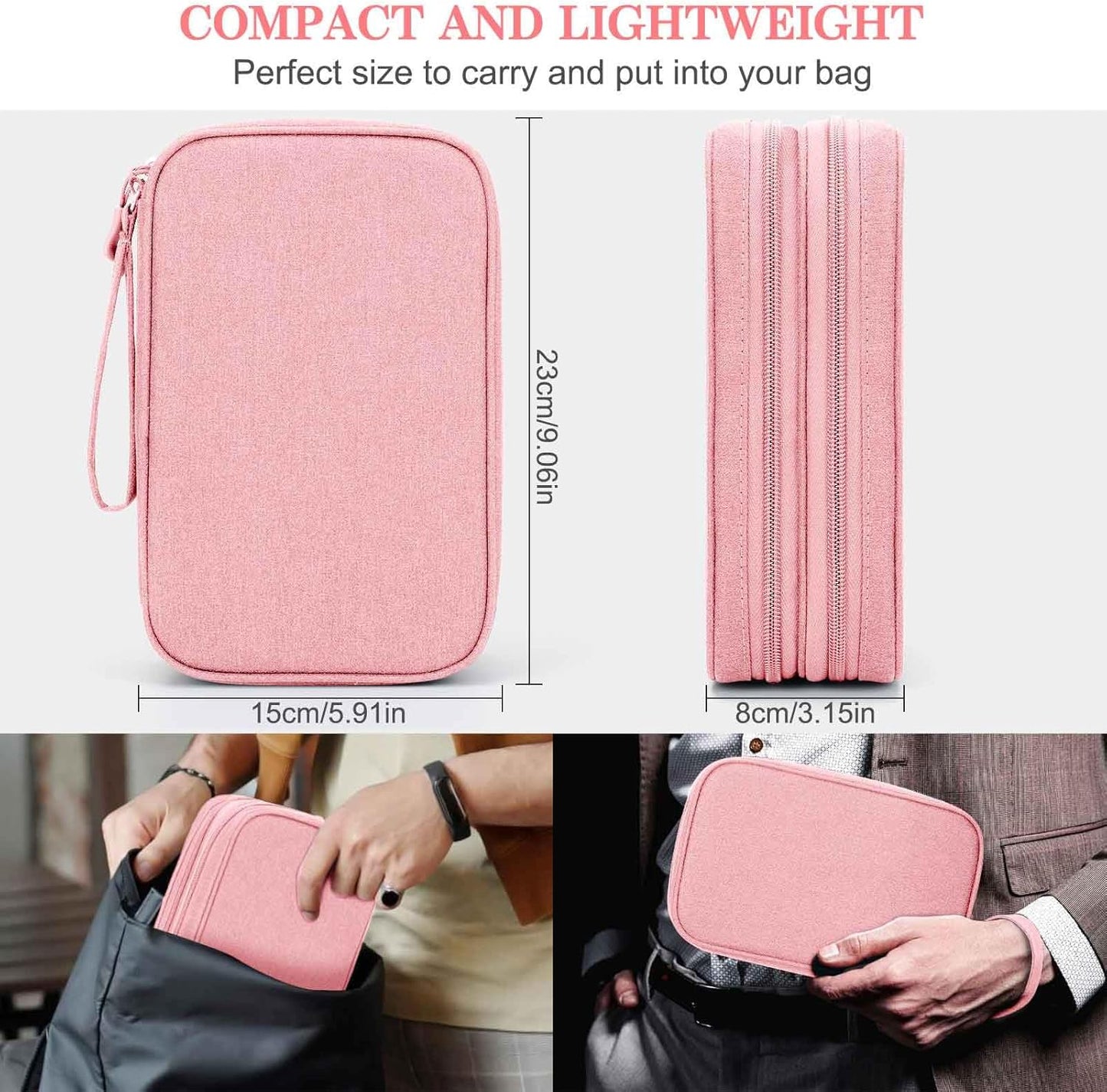FYY Electronic Organizer, Large Travel Cable Organizer Bag Pouch Electronic Accessories Carry Case Portable Waterproof Double Layers All-in-One Storage Bag for Cable, Cord, Charger, Phone, Pink