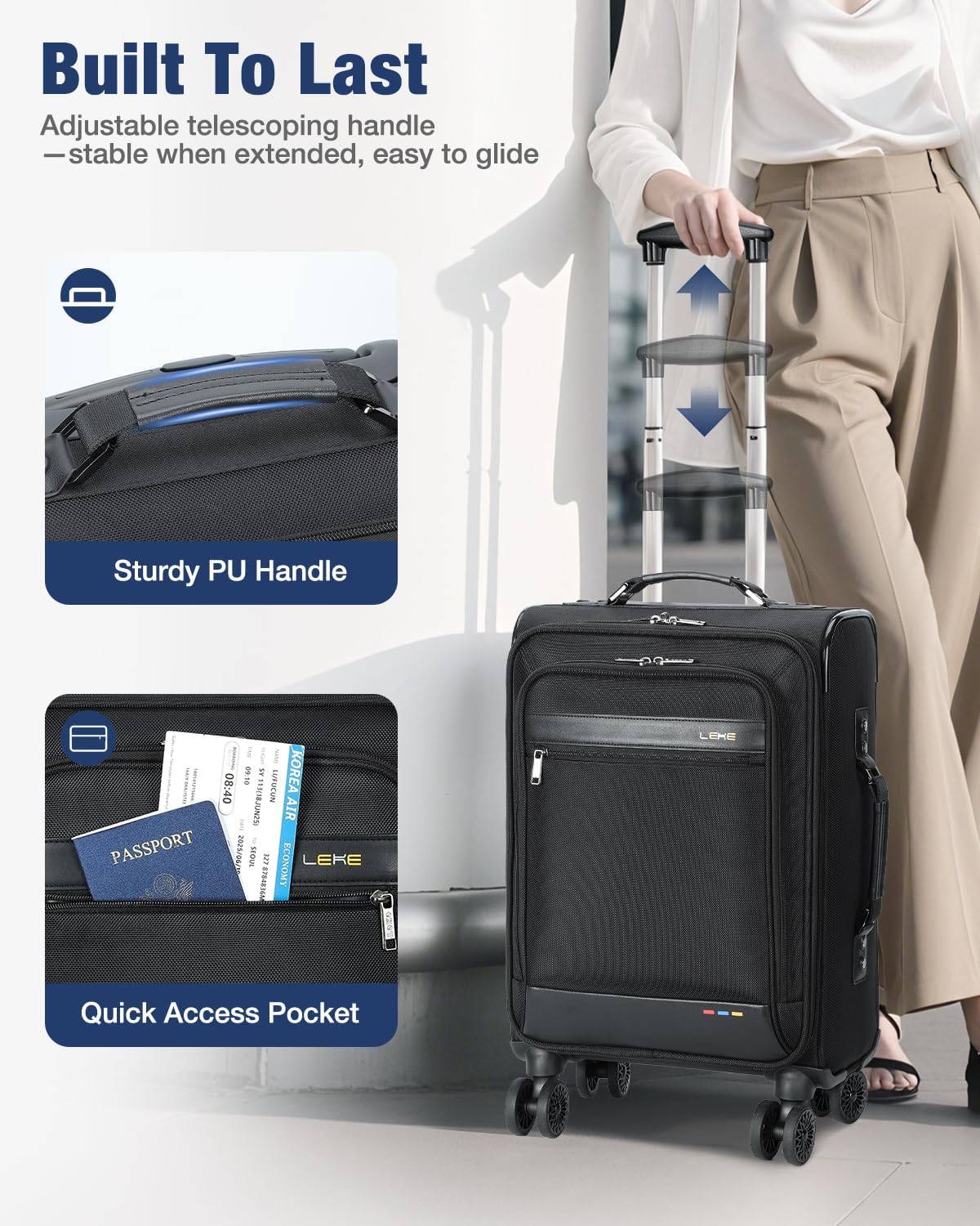 Lekebobor 20 Inch Carry On Luggage with Wheels Airline Approved, Softside Carry-On Suitcase for Women Men Travel Business, Black