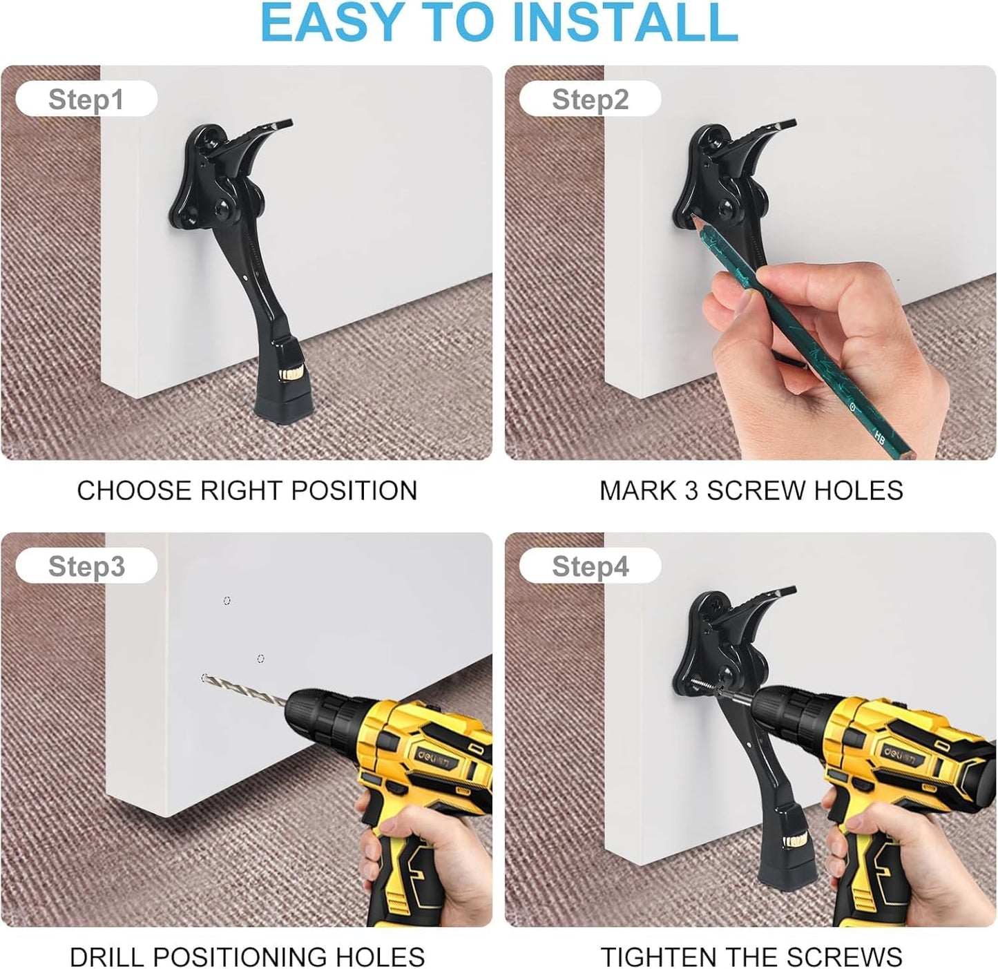 3 Packs Heavy Duty Kickdown Door Stopper, One Touch Adjustable Kickdown Door Stop for Heavy Doors, 4 in Metal Door Kickstand with Rubber Tip & Wall Protectors for Wide Doors- Black