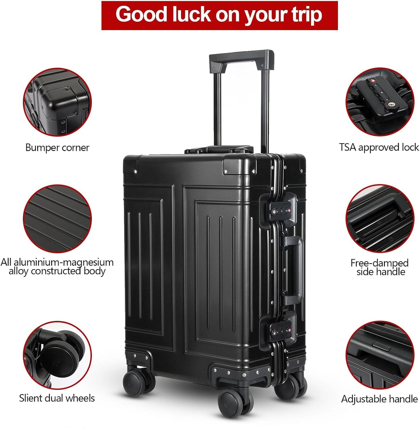 All Aluminum Carry On Luggage，Cut from Whole Aluminum Sheet，22x14x9 Airline Approved ，（3rd Generation，Premium Metal zipperless suitcase ） (black, 20inch)