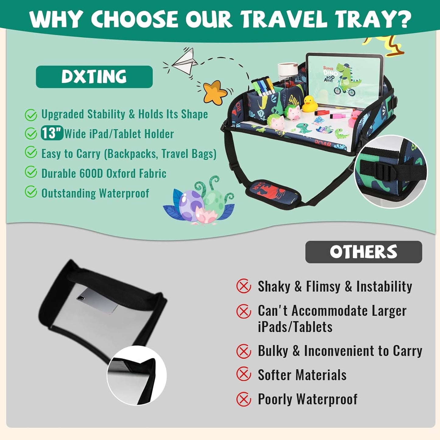 Kids Travel Tray for Airplane - Toddler Car Seat Table Tray, Road Trip Essentials for Boys & Girls, Carseat Lap Desk for Kids Road Trip Activities, Dinosaur