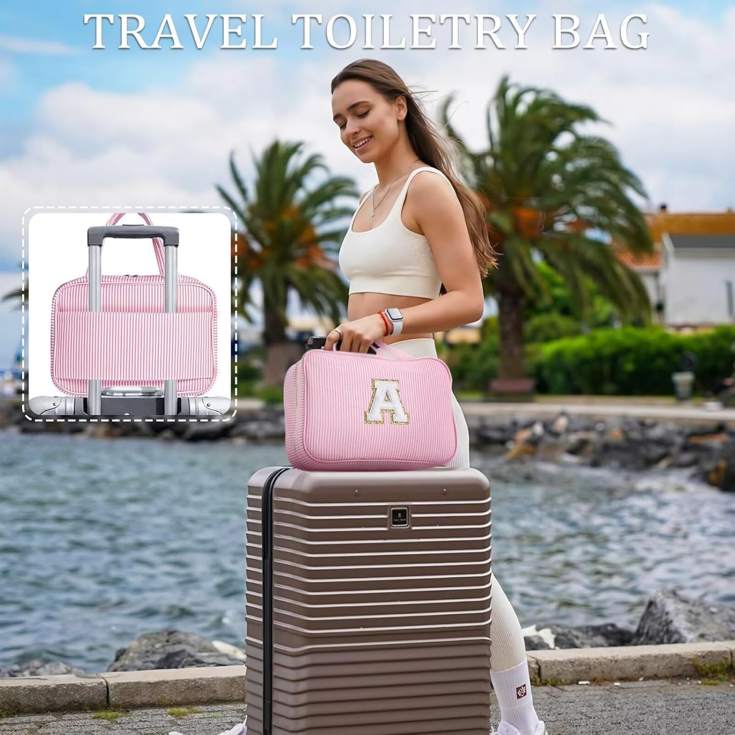 YOOLIFE Hanging Toiletry Bag for Women - Large Travel Toiletry Bag Makeup Bag, Portable Toiletries Cosmetic Bag, Airplane Travel Essentials - Letter N, Pink