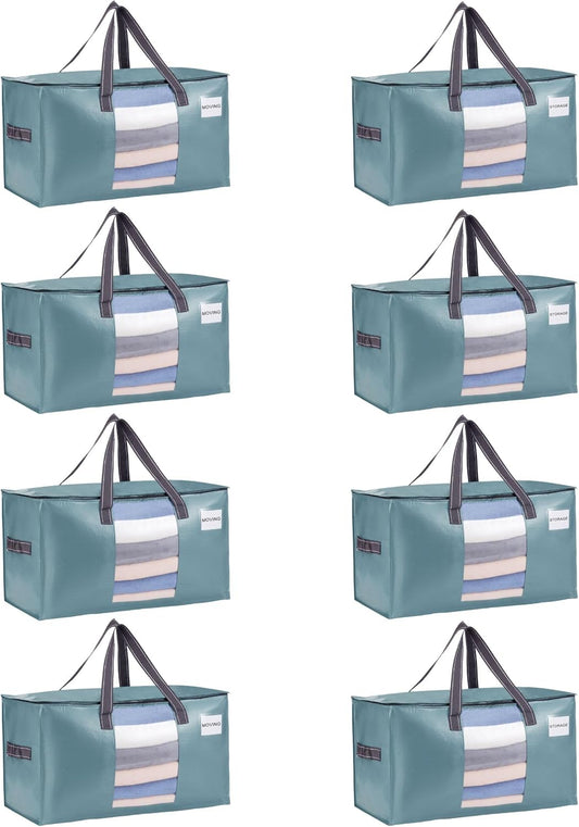 VENO 8 Pack Moving Bags, Comforter and Blanket Storage Bags for Closet, Moving Boxes, Boxes with Lids Alternative, College Dorm Packing Supplies, Foldable Heavy-Duty Tote (Shiny Light Blue, 8 Pack)