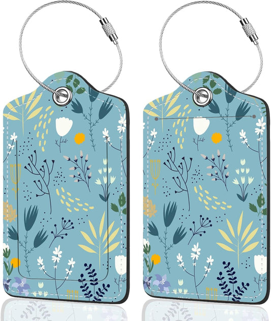 2Pack Luggage Tags for Suitcases, Cute Unique Pu Leather Cruise Luggage Tag with Privacy Cover ID Label Address Card and Metal Ring Suitable for Women Men Kids Girls Travel Bag Tag Blue Floral Print