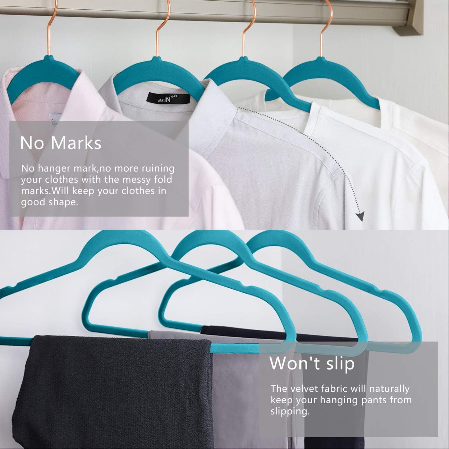 MIZGI Premium Velvet Hangers (50 Pack) Heavy Duty - Non Slip Felt Suit Hanger Teal/Turquoise - Rose Gold Hooks,Space Saving Clothes Hanger