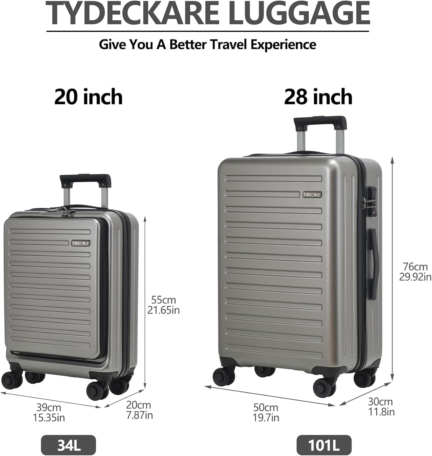 TydeCkare 2pcs 20/28" Luggage Set Lightweight HardShell, Only 20 Inch Carry On 21.65 * 15.35 * 7.87" Cabin Suitcase with Front Pocket, 28 Inch 19.68 * 11.81 * 29.92" Checked Luggage, Gray