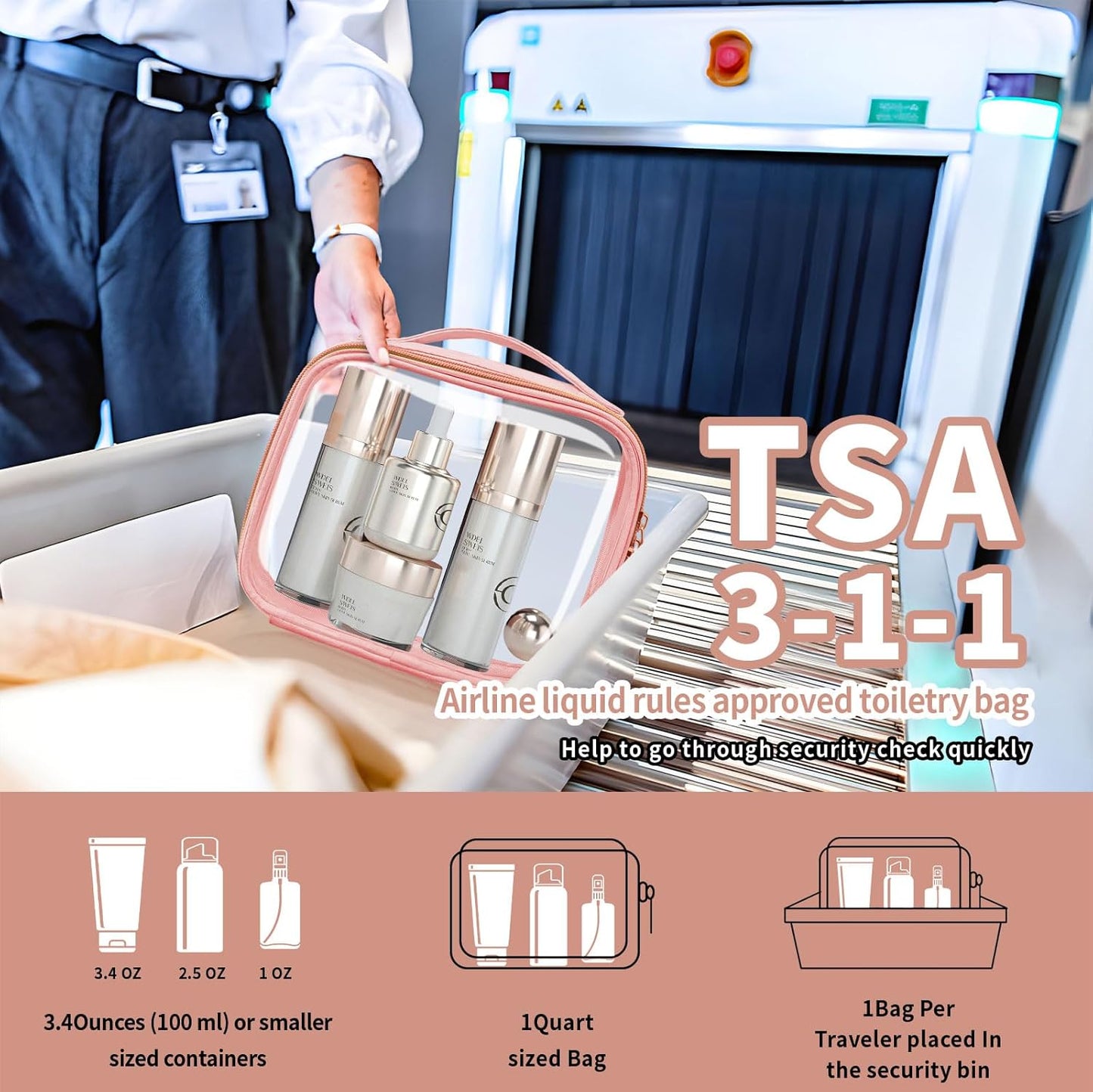 TSA Approved Travel Toiletry Bag,4 Pack Clear Makeup Bags with Handles,Quart Size Clear Cosmetic Bags for Traveling Women,Men,Carry on Airport Airline Compliant Bag,Pink