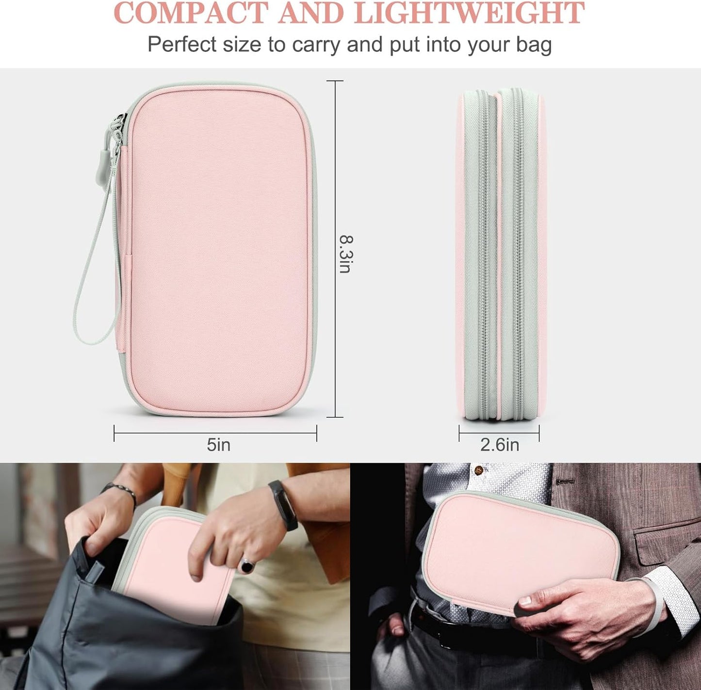 FYY Electronic Organizer, Travel Cable Organizer Bag Pouch Electronic Accessories Carry Case Portable Waterproof Double Layers Storage Bag for Cable, Cord, Phone, Earphone, Large Size, Light Pink