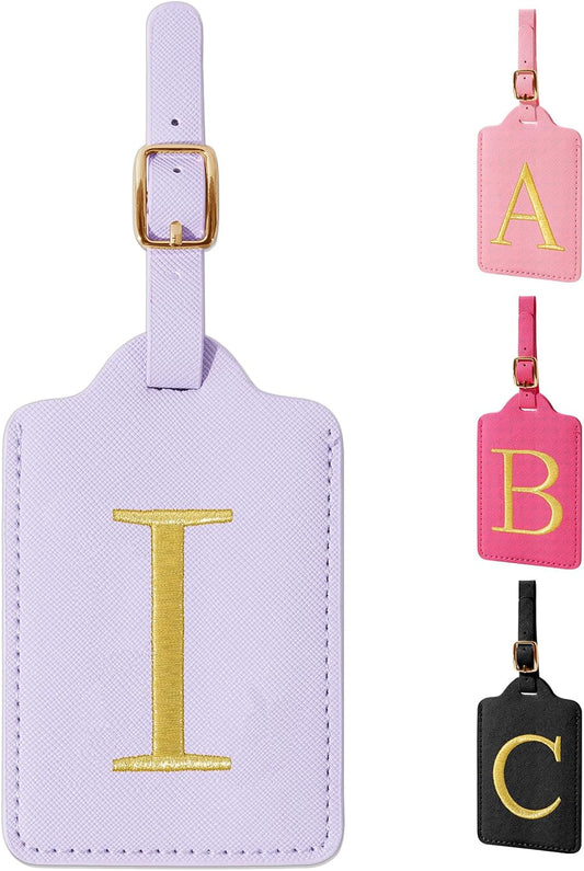 Personalized Initial Luggage Tags for Suitcase, Purple Leather Cute Luggage Tags with Privacy Cover Name Card, Embroidered Custom Monogrammed Luggage Tag Travel Backpack Tags Gifts for Women Kids(I)