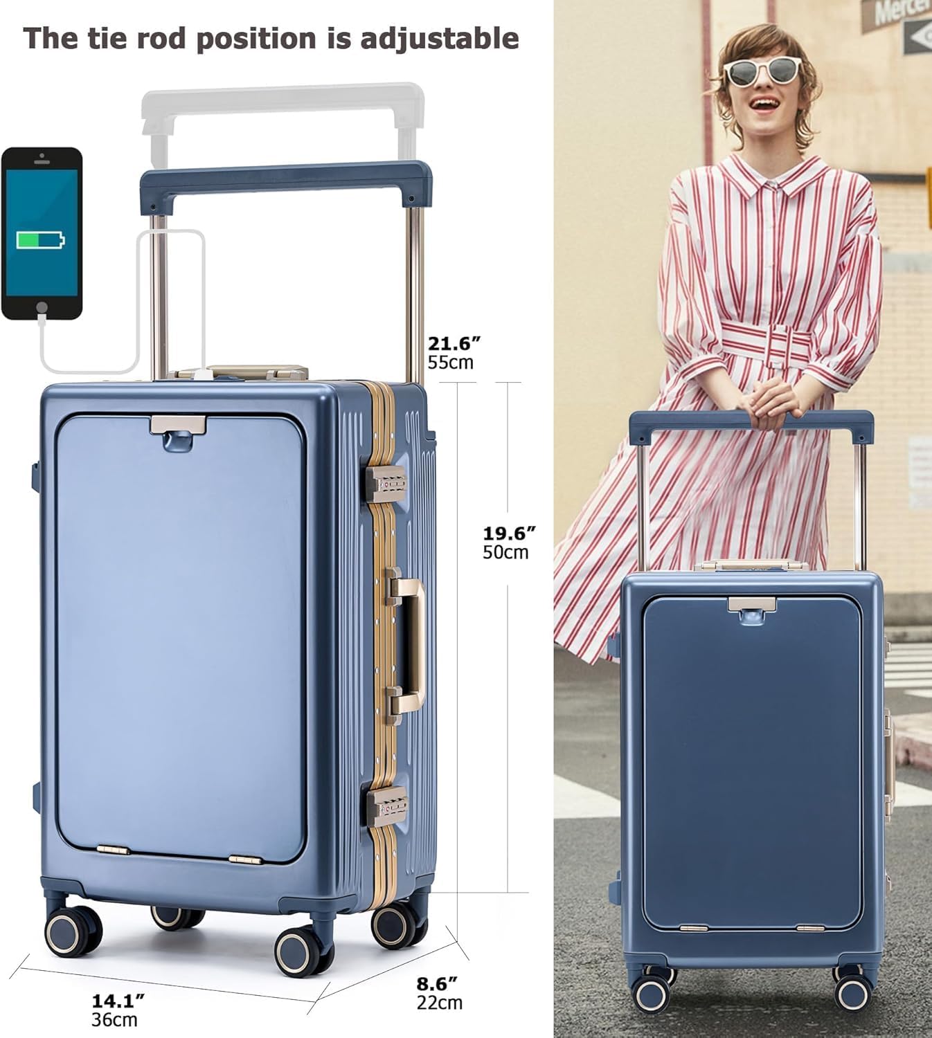 feilario 20" Aluminium Frame Hardside PC Carry on Luggage - Wide Handle Double Spinner Wheels Suitcase with TSA lock
