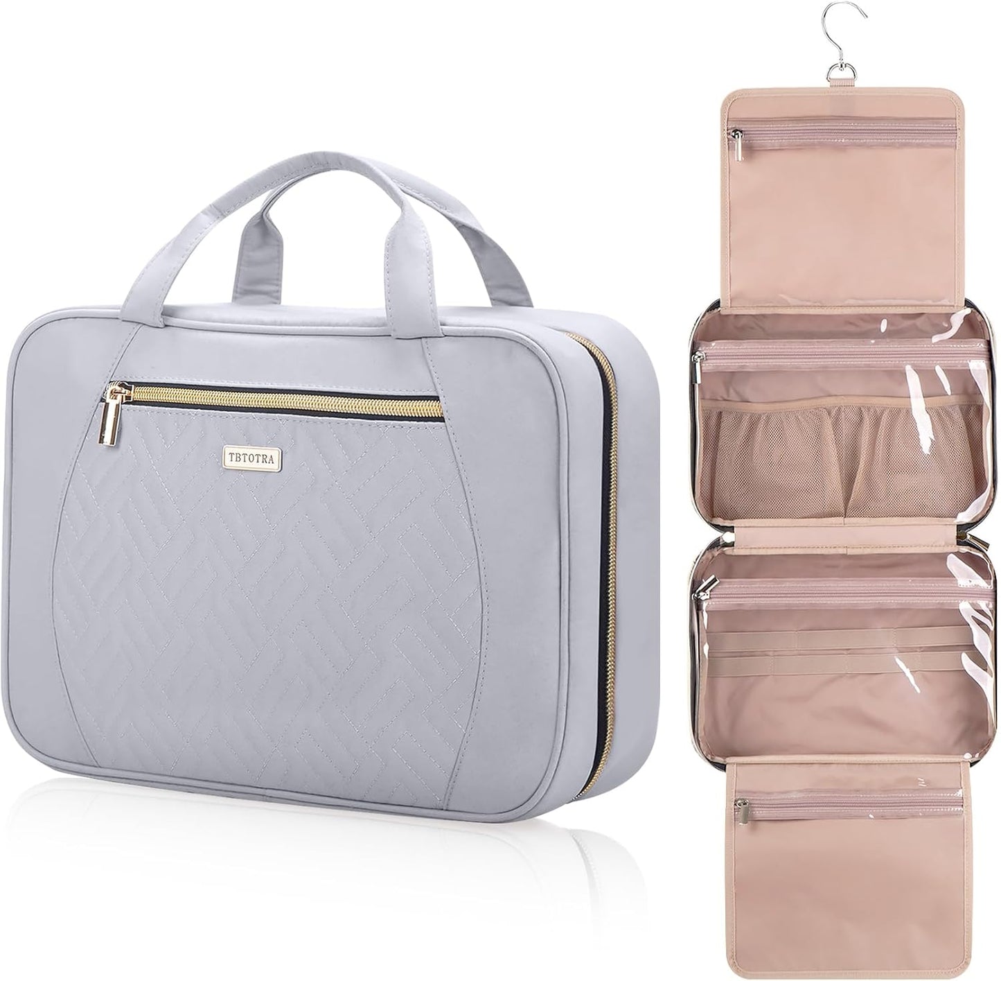 Hanging Toiletry Bag for Women Travel, 2 Sizes Large & Small Waterproof Cosmetic Organizer with 4 Compartments, Rotating Hook, Foldable Pink Travel Bag for Toiletries & Makeup - Medium Grey