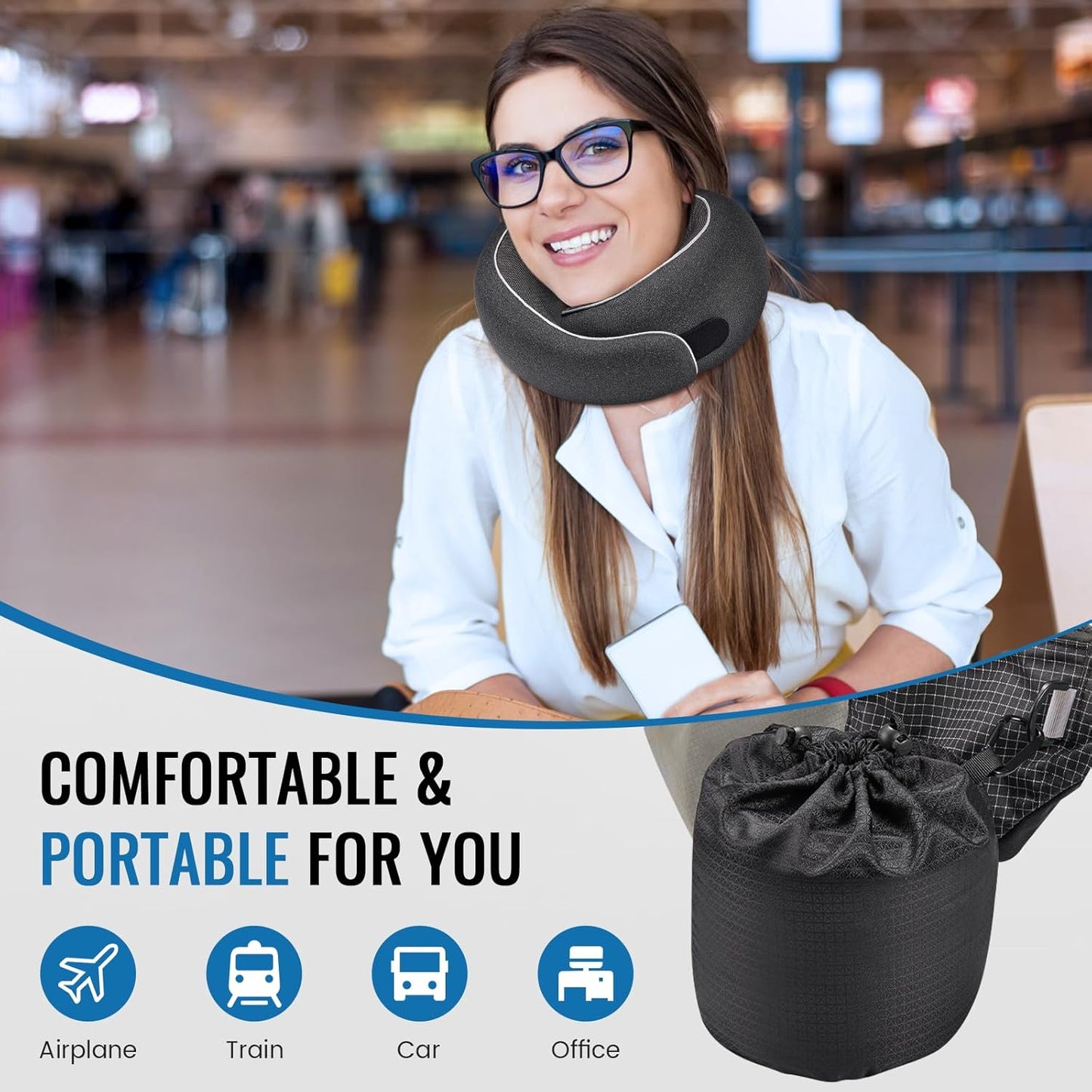 Travel Neck Pillows, 100% Memory Foam Filling, Travel Pillows for Airplanes, Compact and Ergonomic Design, Best for Sleeping Plane Train Travel Essentials (Light Black)
